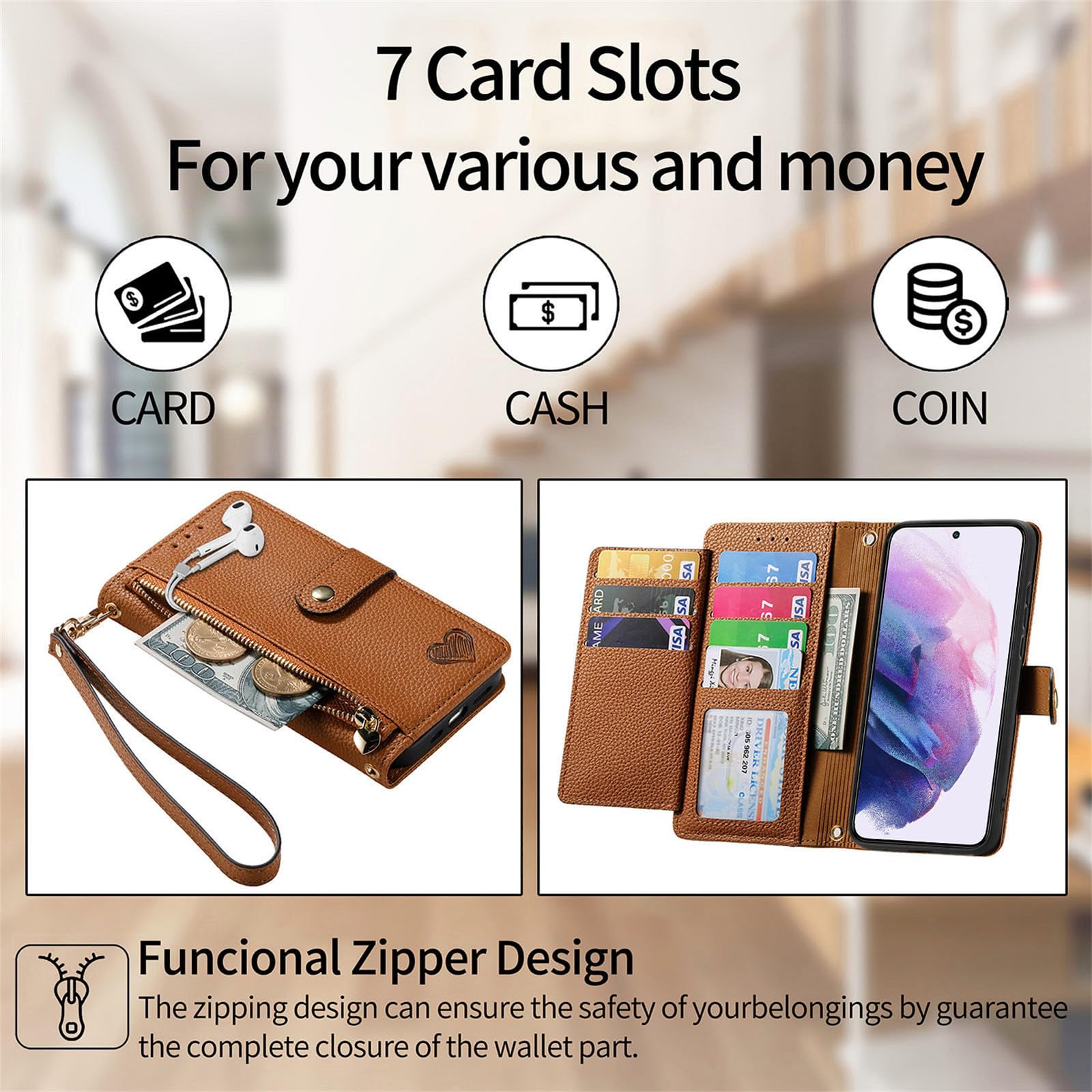 Premium RFID Blocking Wallet Case for Samsung Galaxy S25 Ultra 5G - PU Leather Phone Cover with Zipper Pocket & Adjustable Crossbody Strap (Brown) | Perfect for Travel, Shopping & Everyday Protection
