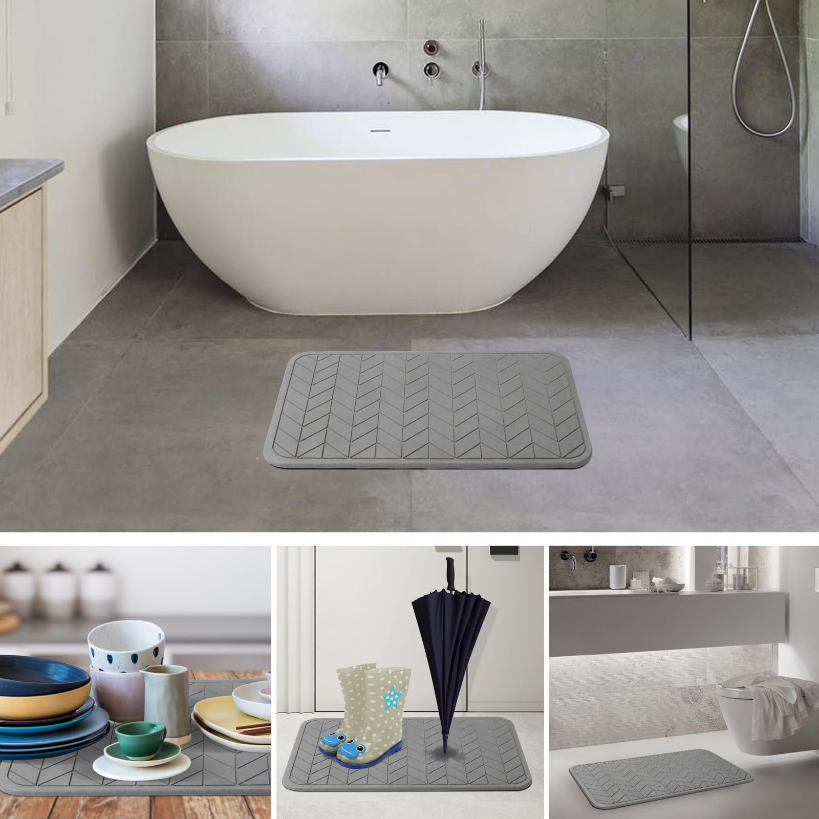 Premium Non-Slip Diatomaceous Earth Bath Mat - Super Absorbent & Quick Drying Stone Shower Mat for Bathroom Floor (2 Pack, Grey) - Perfect for Wet Rooms, Spa, and Luxury Bathroom Decor