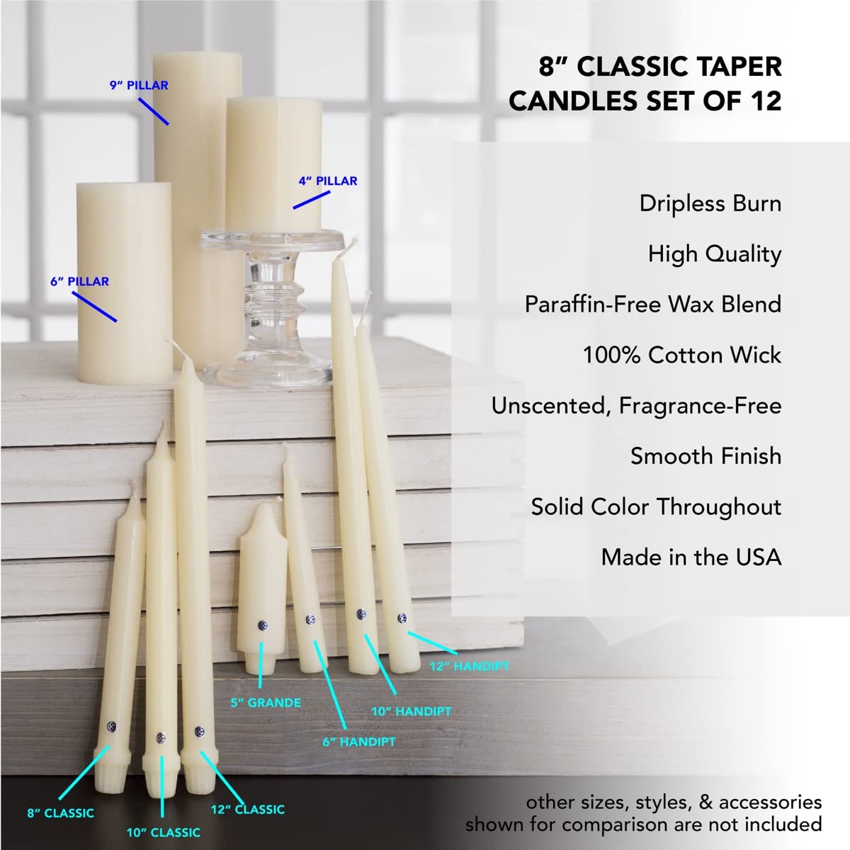Colonial Candle Unscented Taper Candles - Classic Collection Evergreen 8-Inch (Pack of 12) | 6-Hour Burn Time | Perfect for Dining Tables, Holiday Decor & Romantic Ambiance