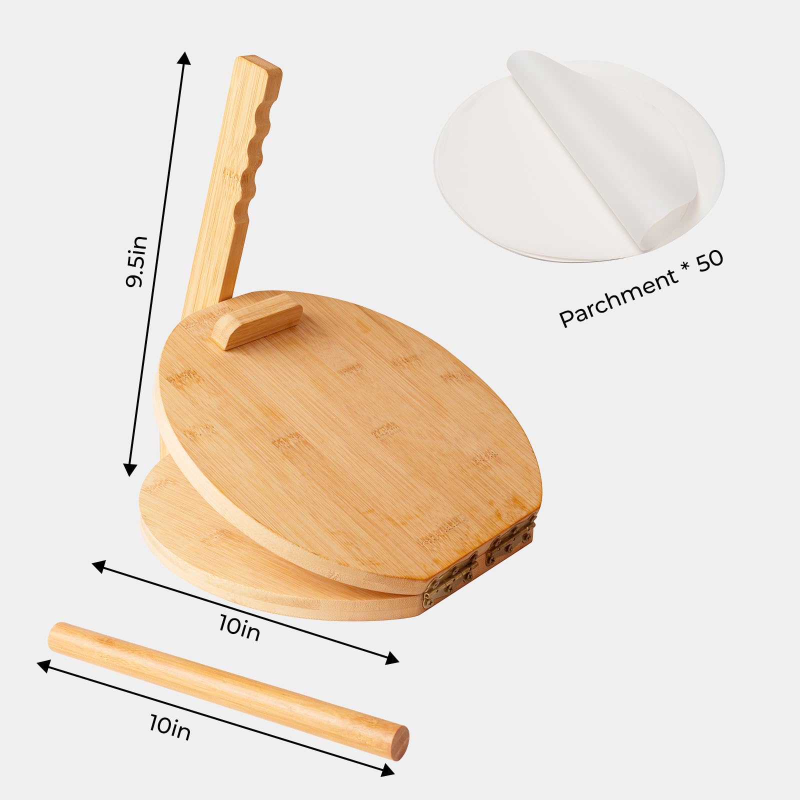 10 Inch Wooden Tortilla Press Maker with Rolling Pin & 50 Pcs Parchment Paper - Handmade Mexican Tortillas, Roti, Chapati, Tacos, Burritos - Perfect for Home Cooking & Authentic Mexican Cuisine