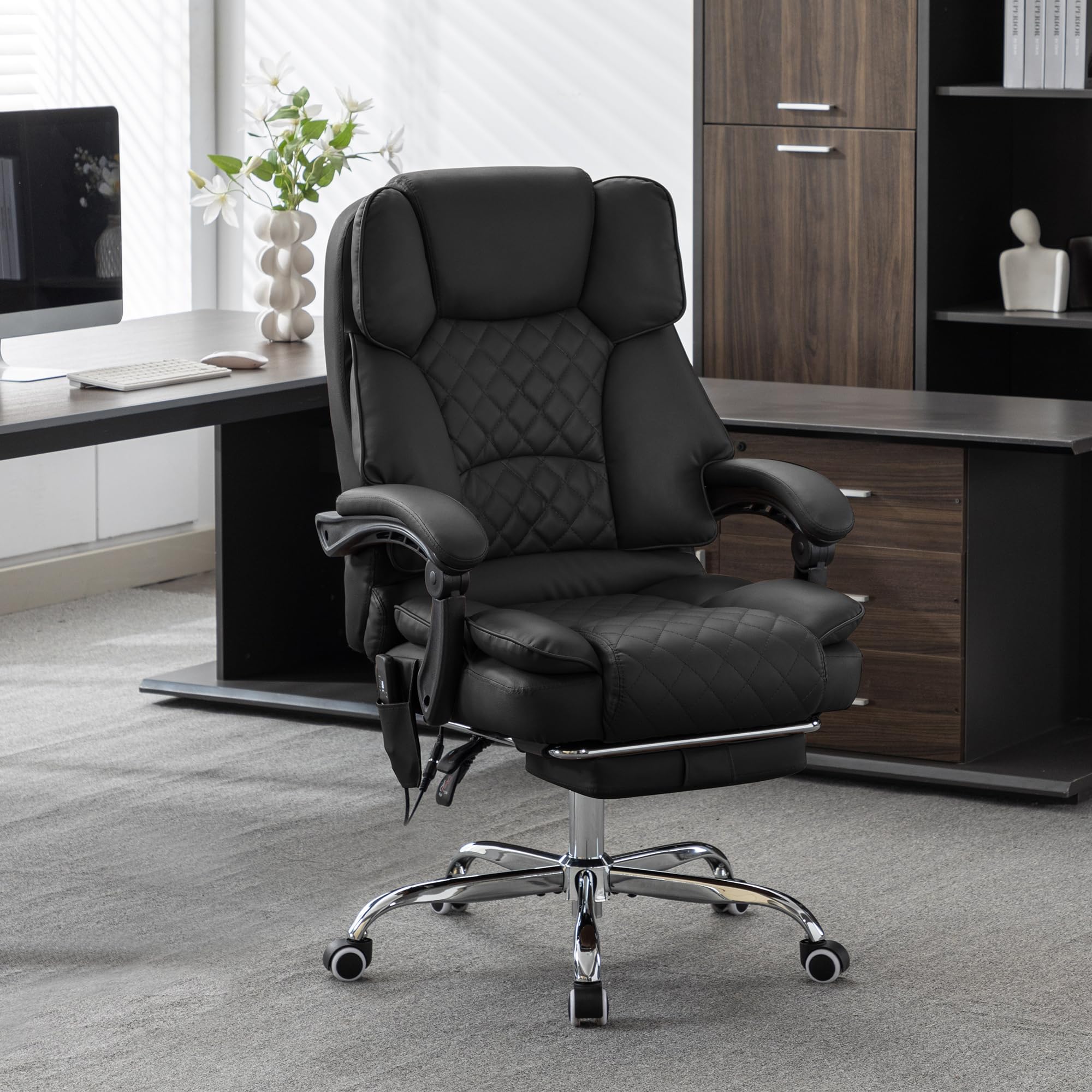 Ergonomic Heated Kneading Massage Executive Office Chair with 90-135° Recline & Footrest - Diamond-Stitched Black Leather Computer Desk Chair for Back Pain Relief - Perfect for Home Office, Gaming & Workspace Comfort