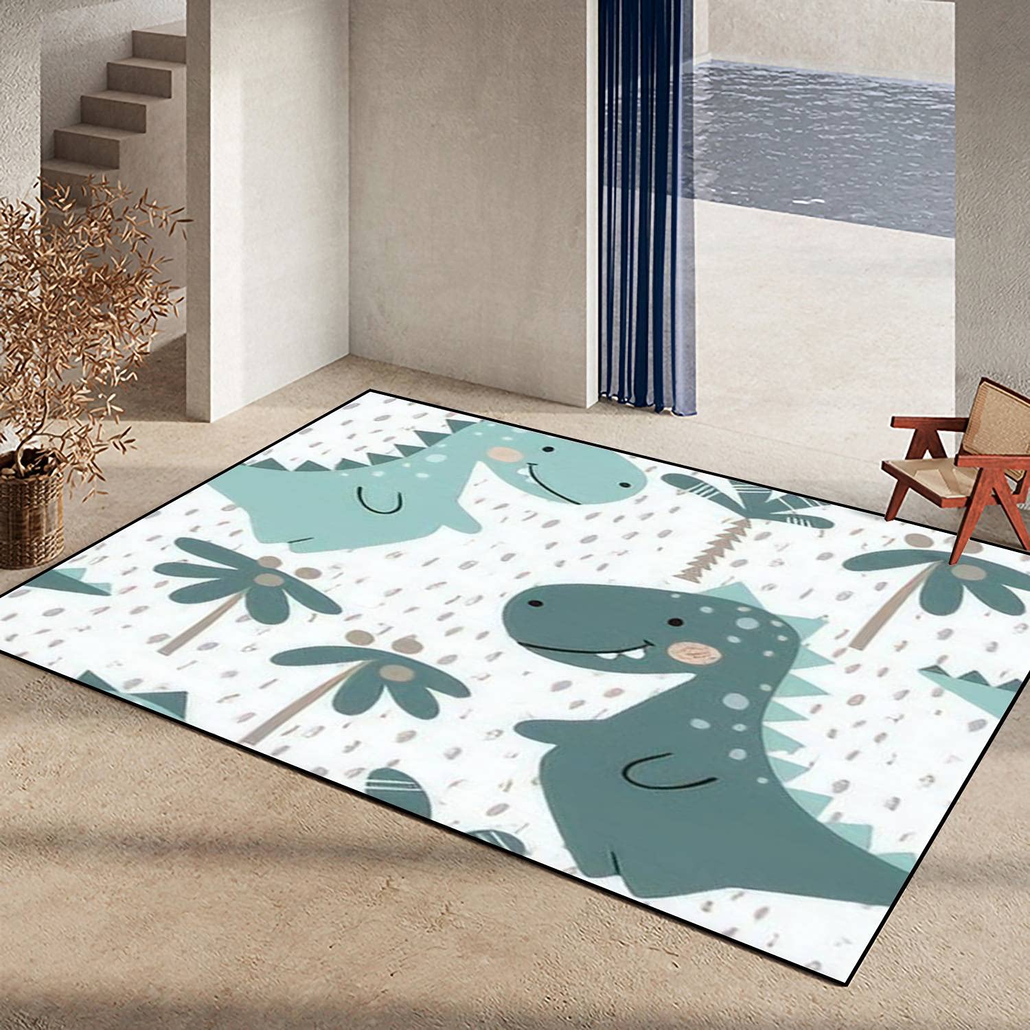 Non-Slip Dinosaur Area Rug - Soft Floor Mat for Baby Boys Room, Kids Bedroom & Nursery - Sweet Dino with Palm Tree Seamless Pattern - Indoor Outdoor Living Room Carpet Runner - Home Decor, Yoga Mat, Patio Rug - Perfect for Playrooms, Daycare Centers & Toddler Safe Spaces