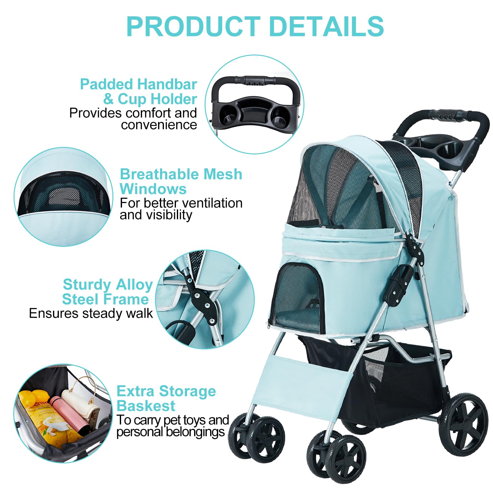 Premium Folding Pet Stroller for Small & Medium Dogs & Cats - 4-Wheel Light Blue Jogger with Cup Holder & Storage Basket | Perfect for Outdoor Walks, Shopping & Vet Visits
