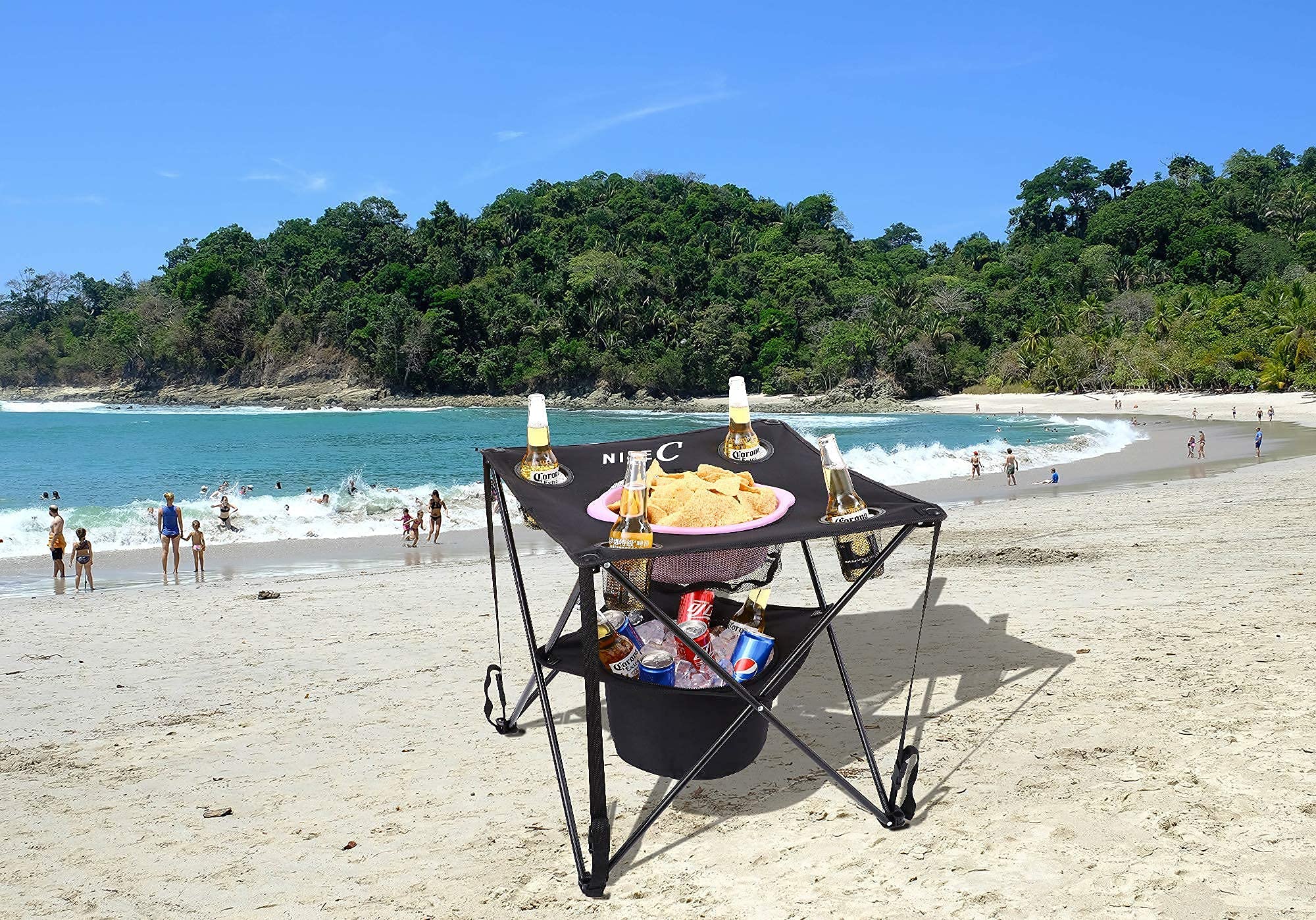 2 Pack Blue Folding Beach Chairs with Cooler + 1 Pack Portable Folding Table - Lightweight Outdoor Furniture for Beach, Camping, Picnics & Backyard Relaxation