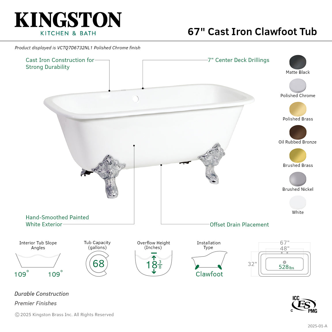 Aqua Eden 67 Inch White Cast Iron Clawfoot Bathtub with Brushed Nickel Finish - Double Ended Rectangular Freestanding Tub (7 Inch Faucet Drillings) for Luxury Bathroom & Spa Relaxation