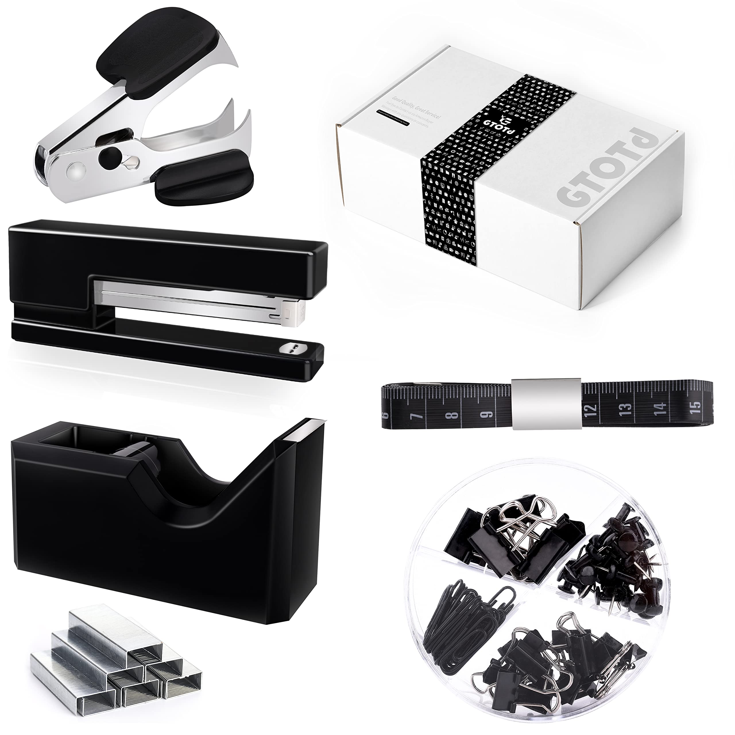 Premium Black Office Supplies Desk Organizer Kit - Includes Stapler, Tape Dispenser, Staple Remover, 1000 Staples, Measuring Tape & 72-Piece Accessories - Perfect for Home Office, School & Workplace Organization