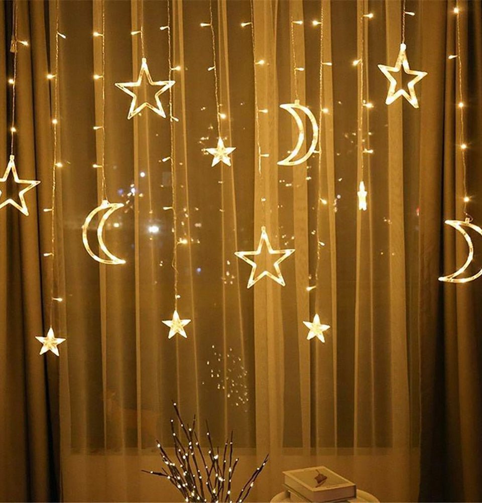 Ramadan LED Curtain Lights with Moon & Star Design - Islamic Holiday Decorations for Home, Mosque & Party Decor - Energy Saving Warm White String Lights for Eid, Ramadan Nights & Special Occasions