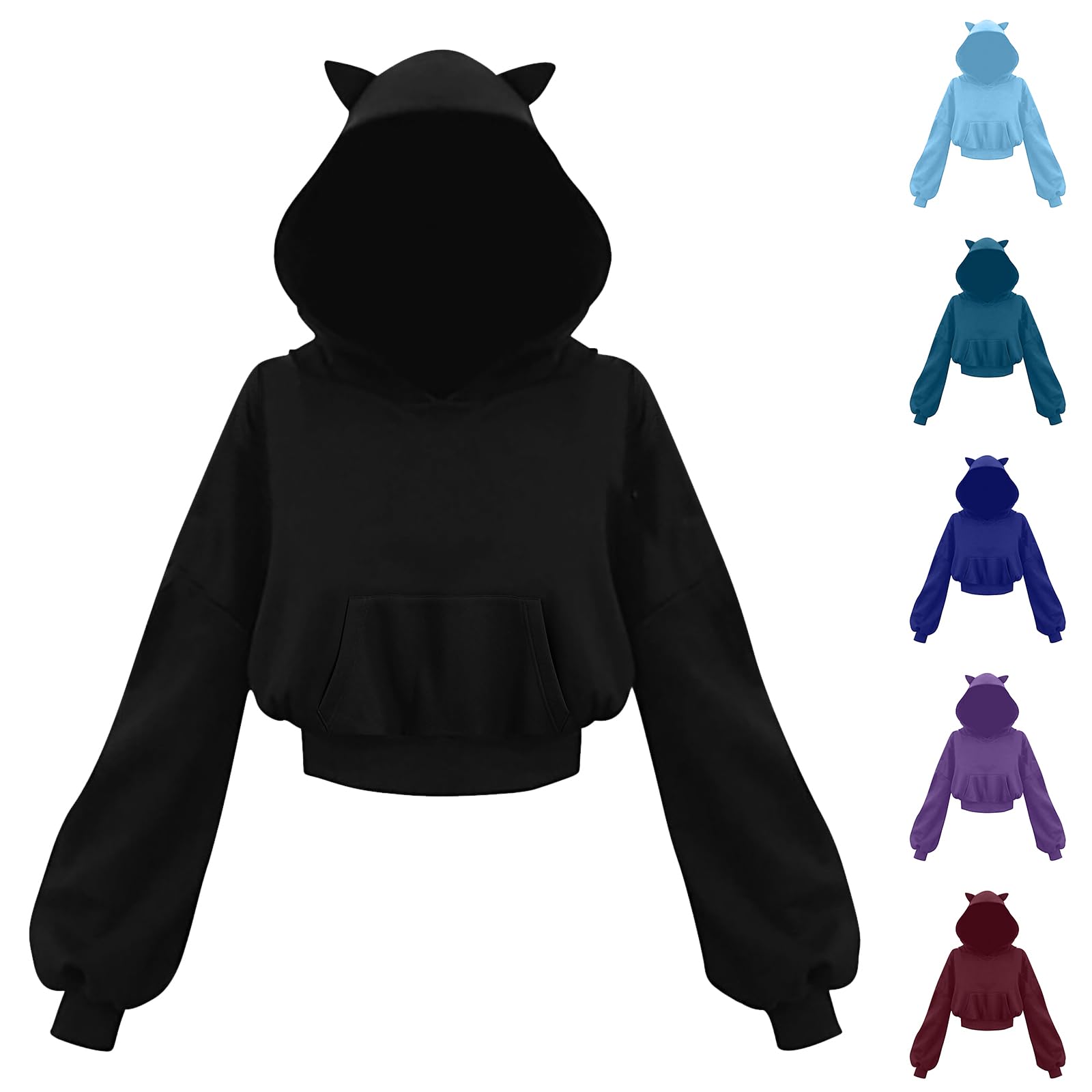 Cute Cat Ear Hoodie for Women & Girls - Long Lantern Sleeve Gothic Crop Sweatshirt with Pocket | Y2K Fashion, Casual Fall Pullover Top for Streetwear & Halloween Costume