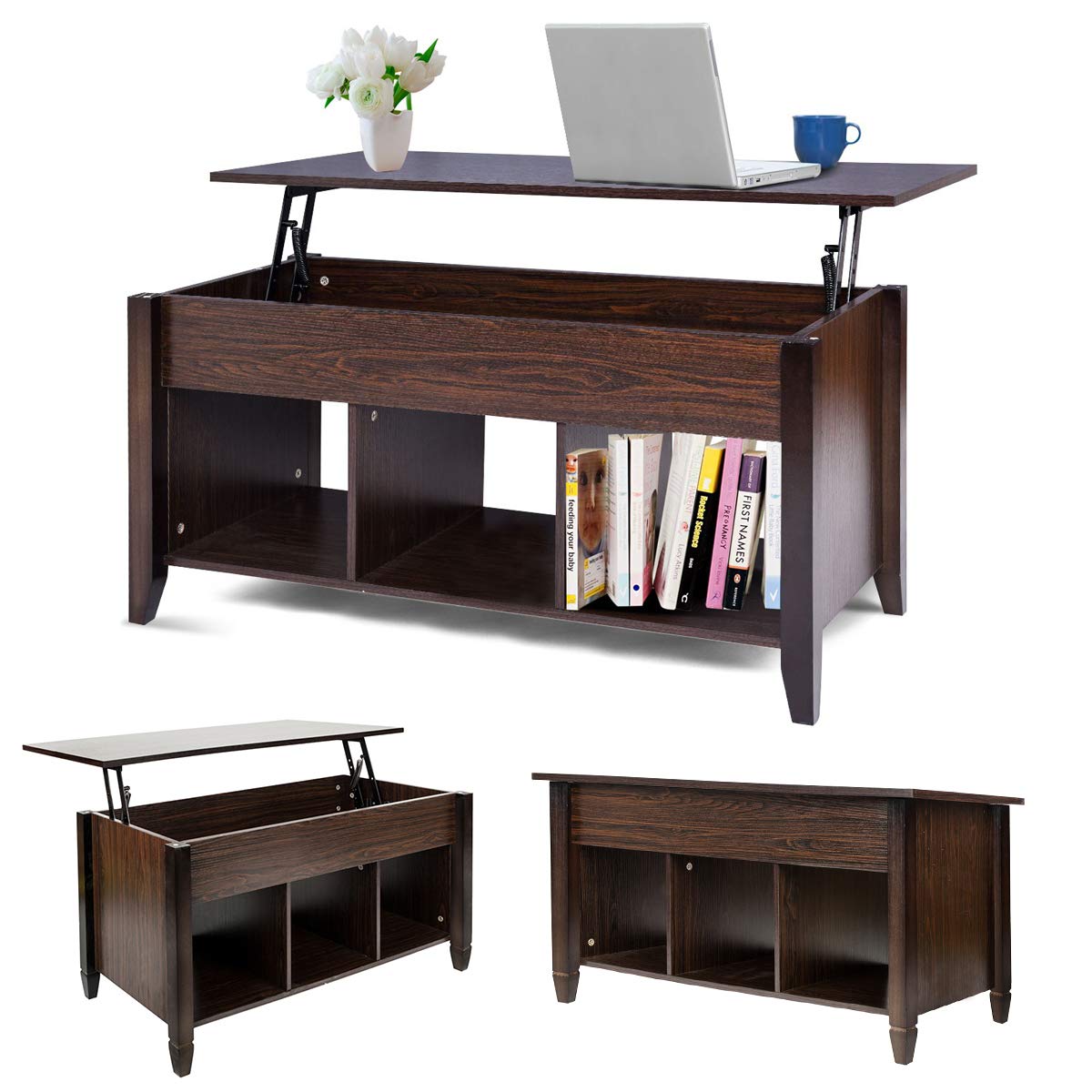 Modern Lift Top Coffee Table with Hidden Storage - Solid Wood Living Room Furniture, Convertible Desk & Organizer Shelf (Brown) - Perfect for Small Spaces, Home Office & Entertaining Guests