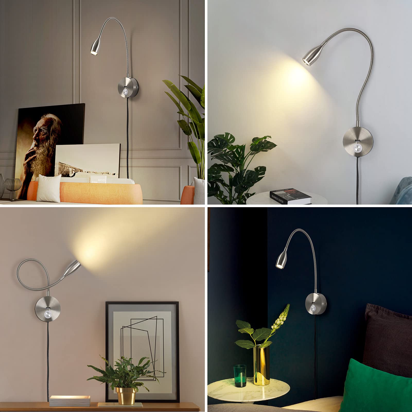 Wall Mounted Dimmable LED Reading Light with Touch Switch - Adjustable Gooseneck Task Lamp for Bed Headboard (3W, 120V AC, Brushed Nickel, Warm White) - Perfect for Night Reading, Studying, and Bedside Lighting