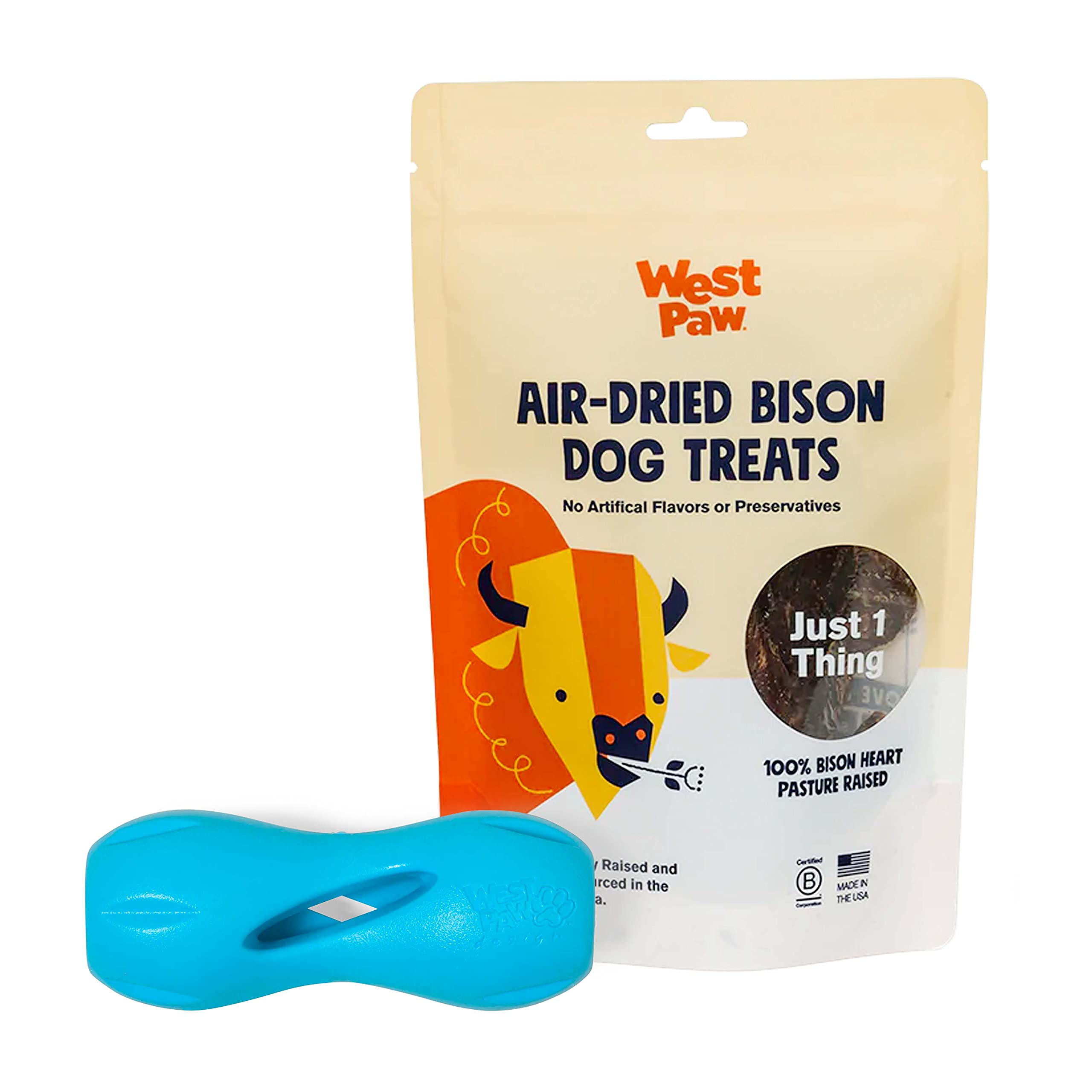 Premium WEST PAW Air Dried Bison Heart Dog Treats with Zogoflex Qwizl Treat Dispensing Chew Toy Bundle – Natural Farm Fresh Bison Heart Snacks & Interactive Puzzle Toy for Dogs – Holds Kibble & Treats – Perfect for Training, Enrichment & Dental Health