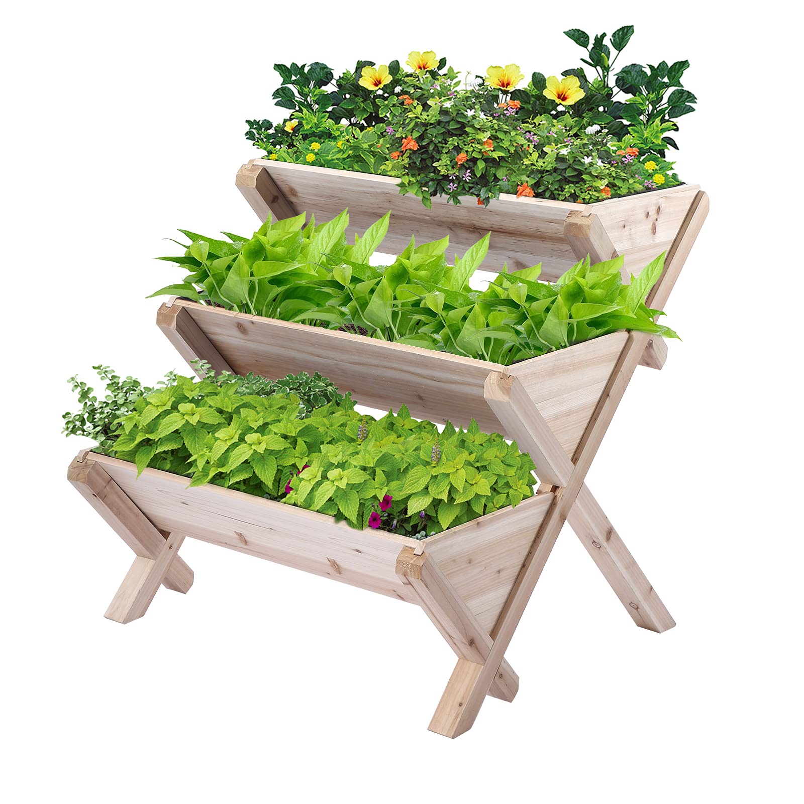 3-Tier Wooden Vertical Raised Garden Bed with Legs - Elevated Planter Box for Flowers, Herbs & Vegetables - Natural Wood Outdoor Gardening Kit for Patio, Balcony & Small Spaces