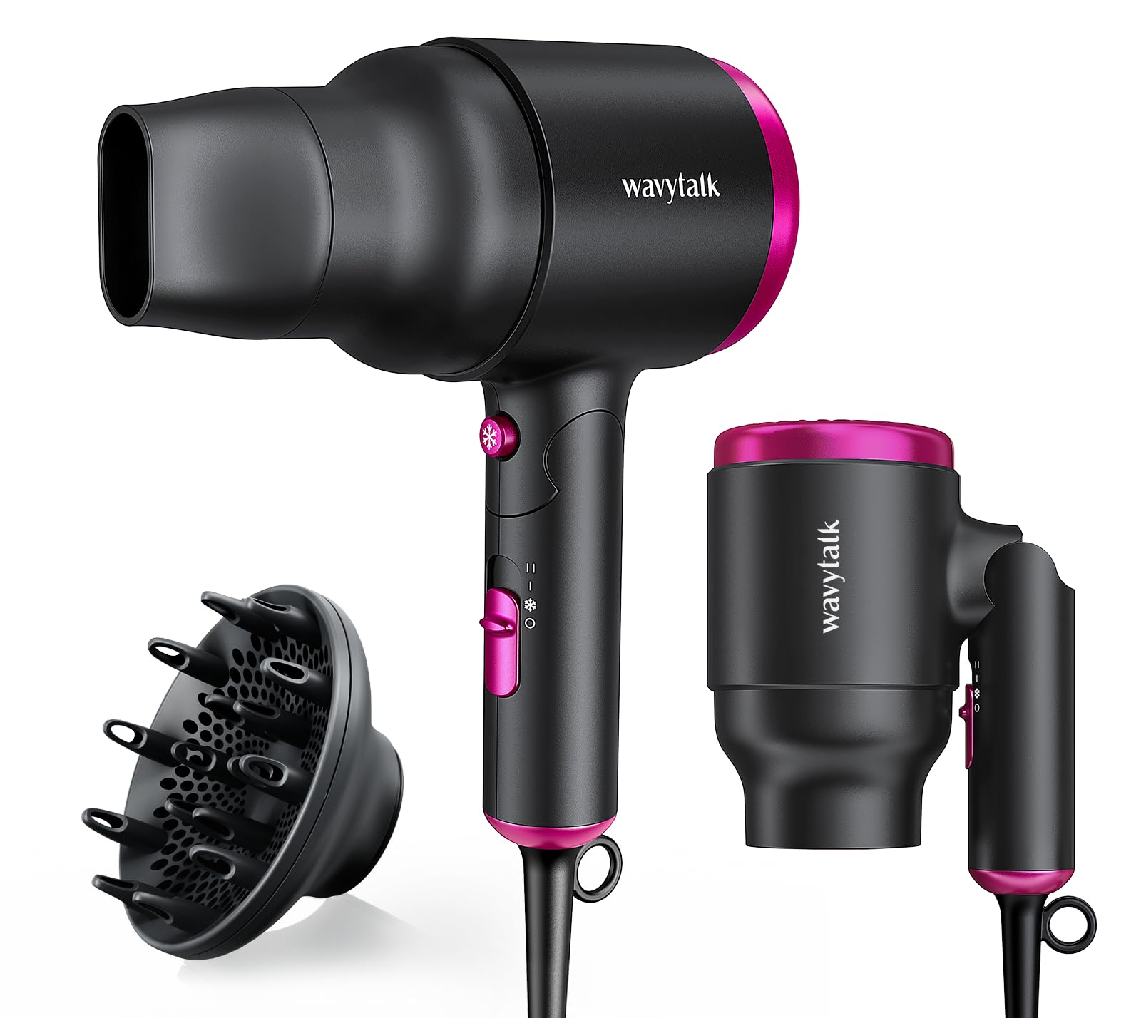 Wavytalk 1600W Foldable Hair Dryer with Diffuser - Lightweight Blow Dryer for Curly Hair, Black | Perfect for Travel, Home & Salon Styling