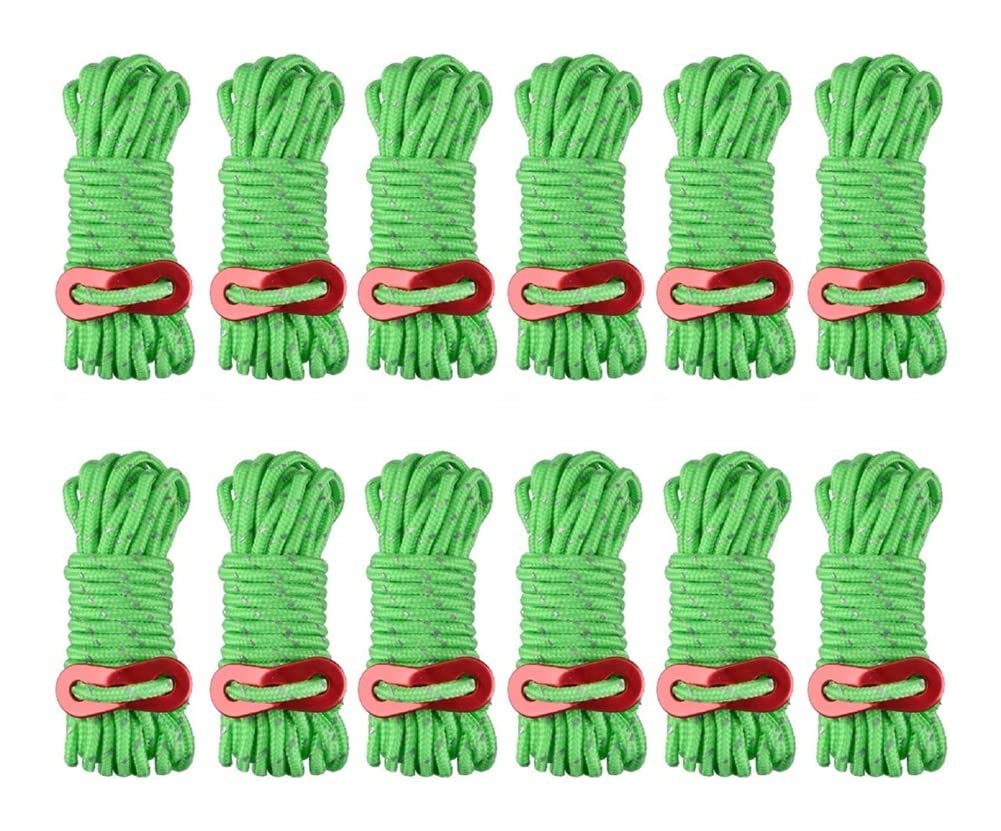HAIBING 4mm Reflective Tent Rope with Aluminum Tensioner - 12 Pack Green - Heavy Duty Camping Ropes for Tent, Awning, Tarp & Outdoor Shelter - Perfect for Camping, Hiking, Backpacking & Emergency Survival Gear