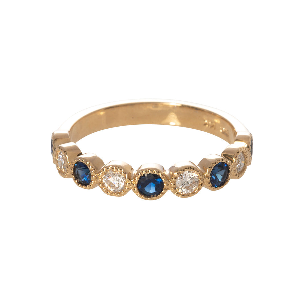 14K Yellow Gold Sapphire & Diamond Bezel Milgrain Wedding Band - Elegant Halfway Ring for Engagement, Anniversary & Special Occasions