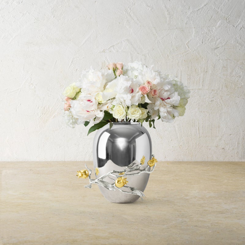 Elegant Pomegranate Silver & Gold Vase - Handcrafted Home Decor for Wedding Centerpieces, Dining Table & Luxury Gift Giving