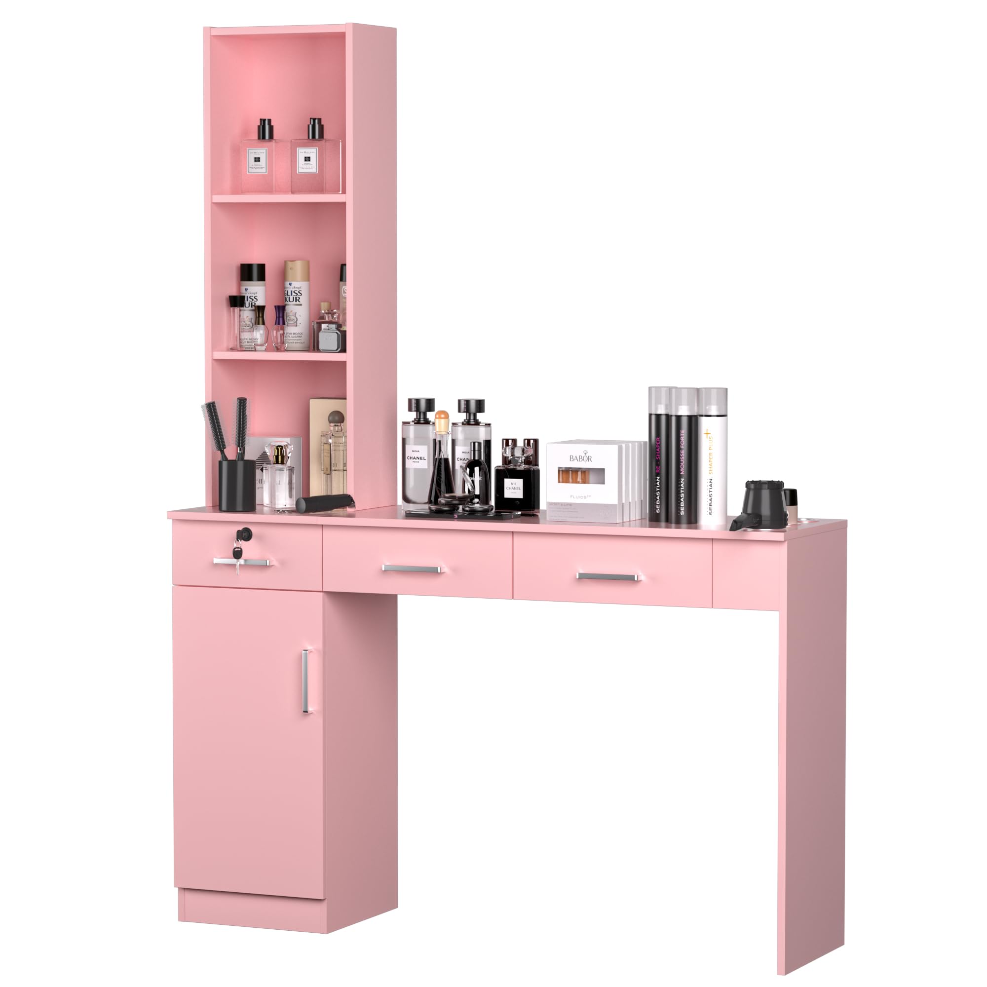 Professional Barber Salon Work Station - Hair Stylist Organizer Cabinet with Storage for Home & Beauty Salon Equipment | Durable Barbershop Furniture in Pink | Perfect for Small Spaces & Mobile Stylists
