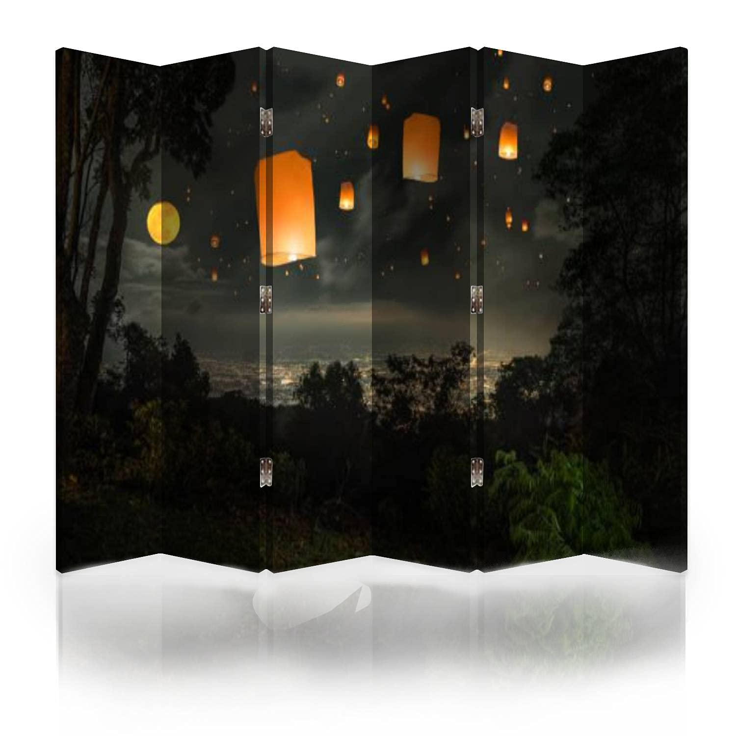 6-Panel Folding Room Divider Screen with Sky Lantern Design - Privacy Partition for Home, Office & Events | Perfect for Loy Krathong Decor, Room Separation & Asian-Themed Interiors
