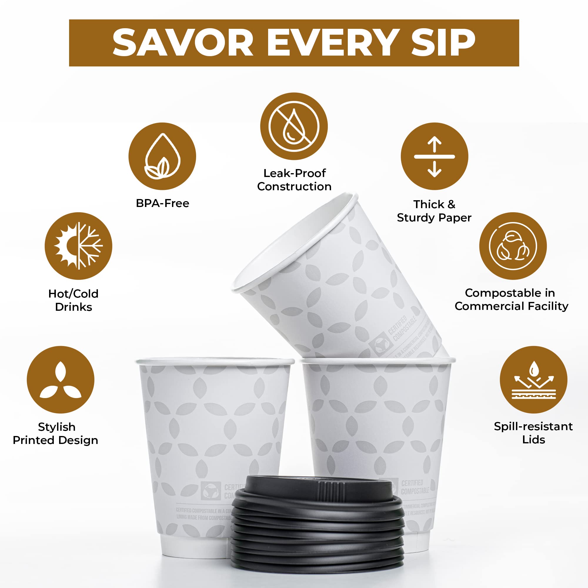 100 Sets - 12 oz Compostable Coffee Cups with Lids | Double Wall Disposable Hot Cups | Eco-Friendly, Leak Proof & Durable | Made from Plant-Based Materials | Perfect for Coffee Shops, Offices & Outdoor Events