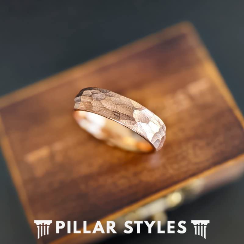 18K Rose Gold Tungsten Wedding Band for Women & Men - 6mm Thin Hammered Ring - Unique Anniversary Gift for Him & Her - Perfect for Engagements, Weddings, and Special Occasions