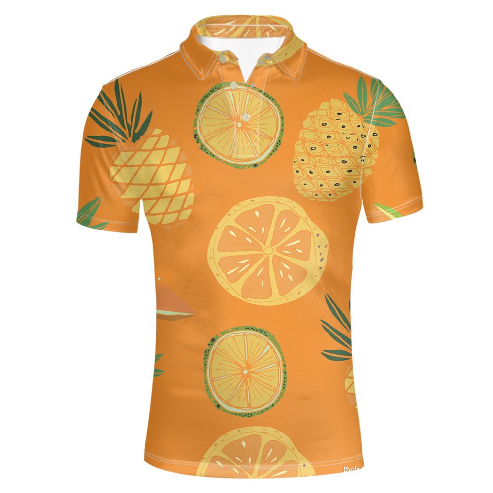 HUGS IDEA Men's Hawaiian Short Sleeve T-Shirt - Pineapple Print Pique Polo Shirt for Summer Beach Vacation & Tropical Party Outfits