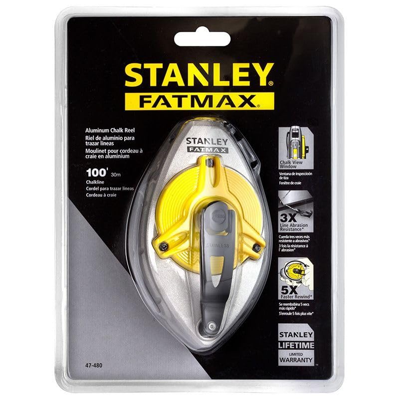 Stanley 47-480L 100 FatMax Xtreme Chalk Box - Professional Chalk Line Tool for Construction, Carpentry & DIY Projects - Perfect for Marking Straight Lines on Concrete, Wood & Drywall