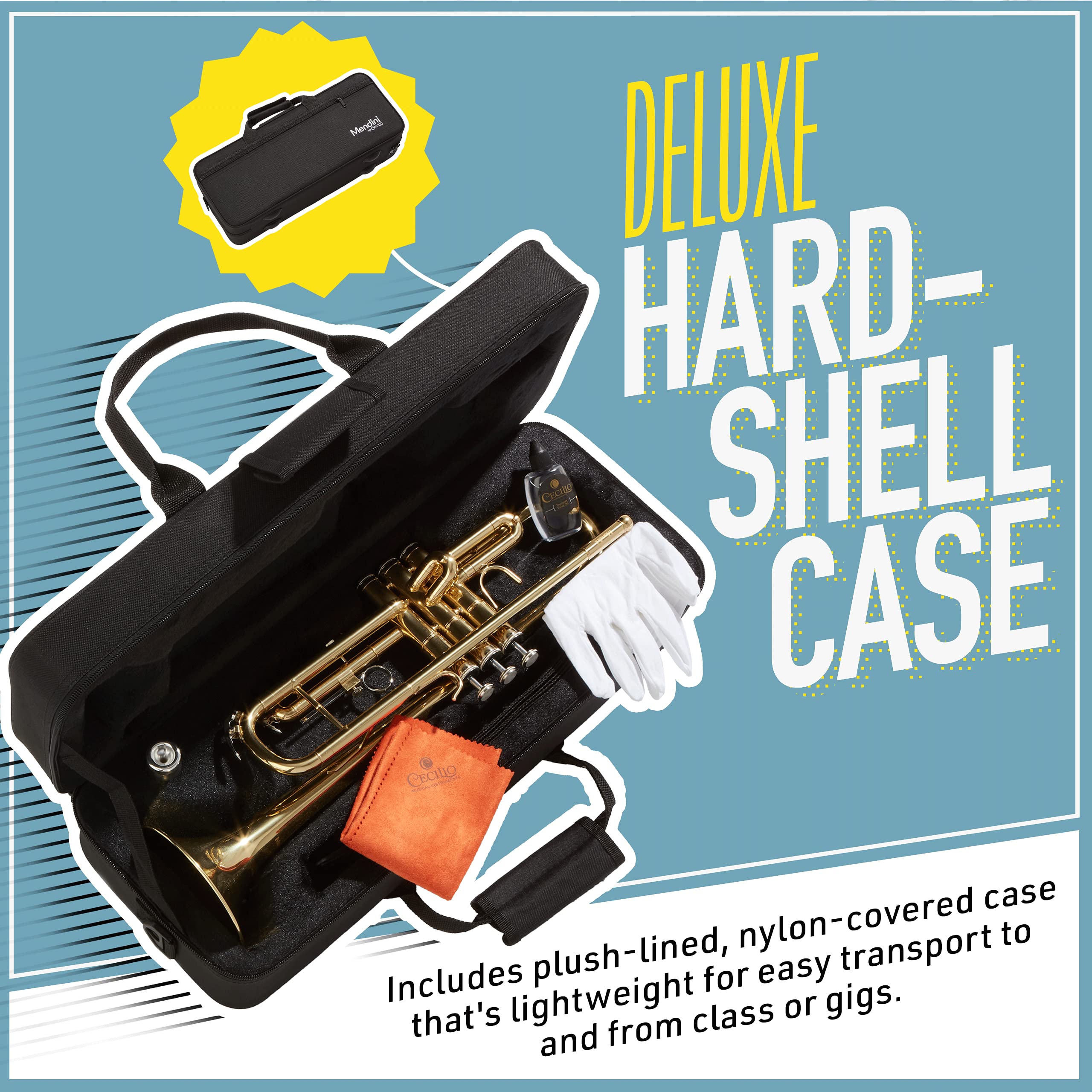 Mendini by Cecilio Bb Trumpet - Professional & Beginner Brass Instrument with Case, Cleaning Cloth, Valve Oil & Gloves - Perfect for Students, Kids & Adults - Ideal for School Bands, Jazz Ensembles & Home Practice