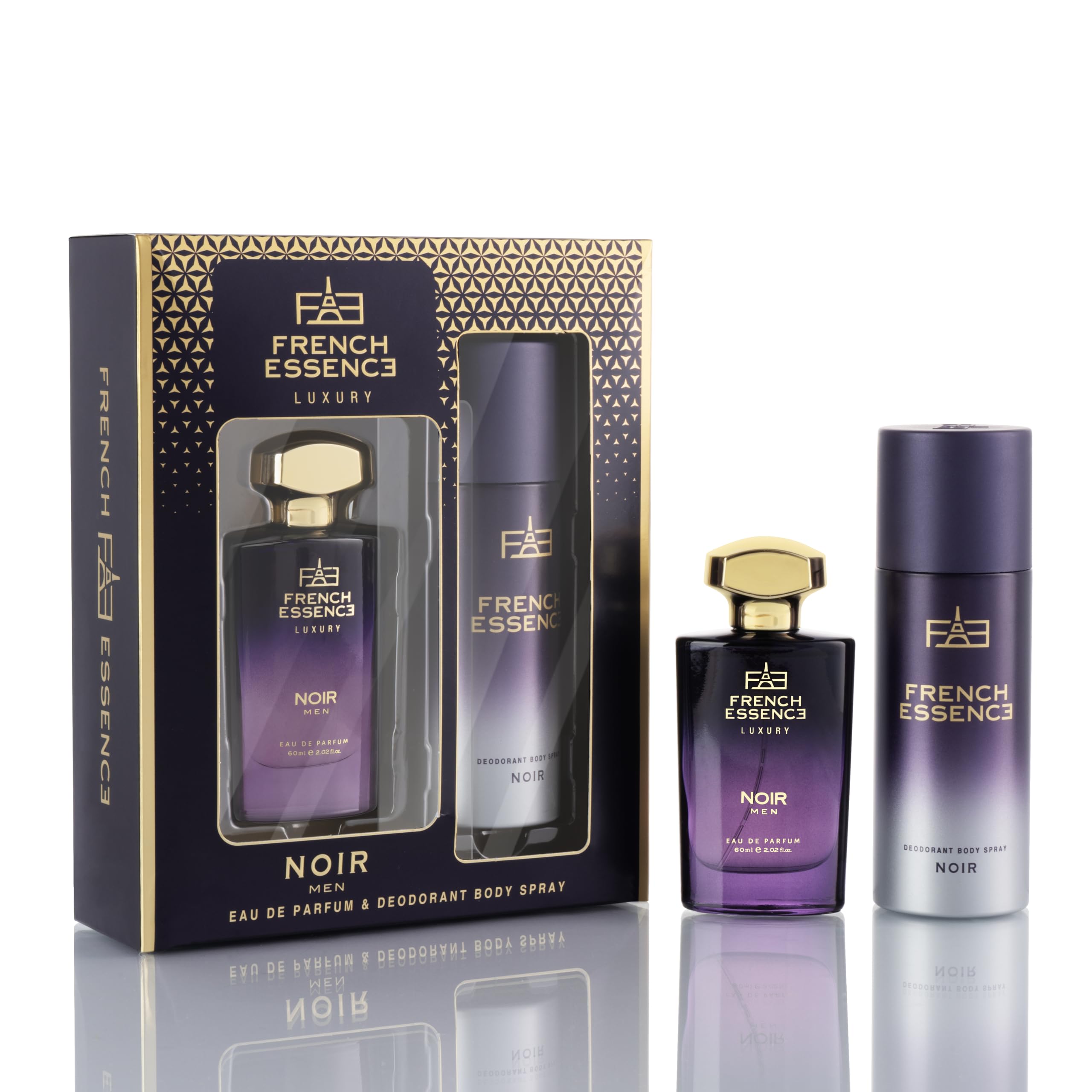 FRENCH ESSENCE Men's Deodorant Spray & Perfume Set - Long Lasting Fragrance, Fresh Scent Body Spray for Men | Noir 60ml & 150ml Deodorant - Luxury Gift for Him | Perfect for Daily Use, Gym, Office & Special Occasions