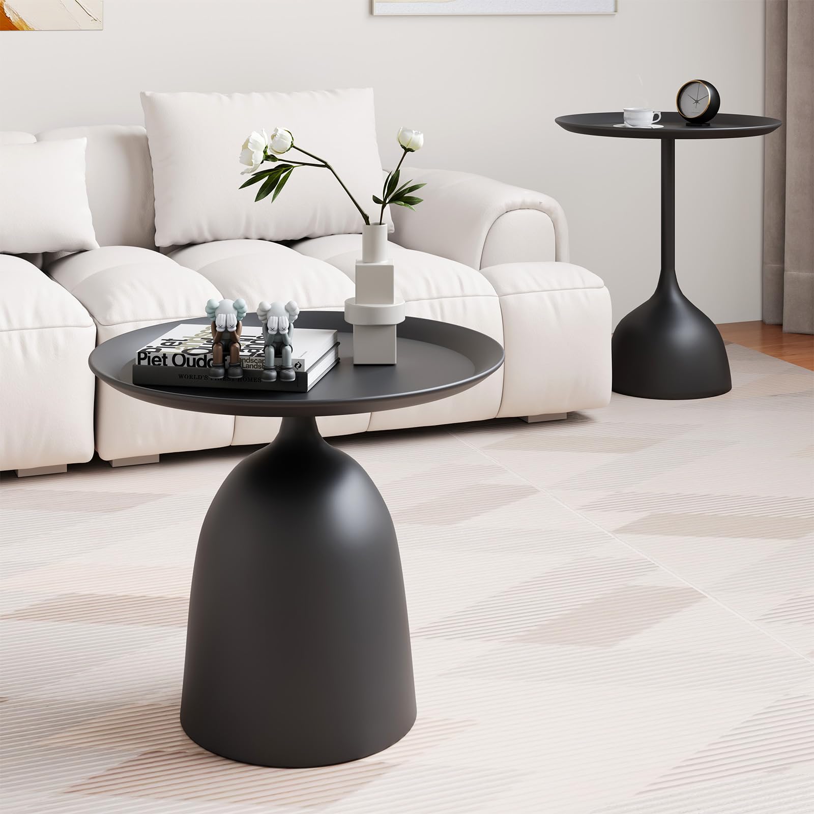 Modern Round Coffee Table and End Table Set - 2-Piece Black Nesting Side Tables with Fluted Pedestal Base for Living Room, Bedroom, or Office - Stylish Metal Accent Furniture for Small Spaces