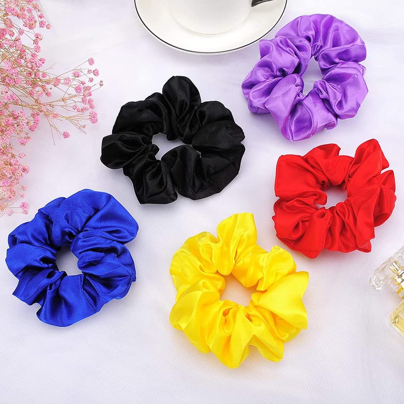 Staila 5-Piece Chiffon Flower Headbands & 5-Piece Satin Hair Scrunchies Set - Soft Elastic Hair Ties for Women & Girls (10-Pack) - Perfect for School, Work, Parties & Everyday Hair Accessories