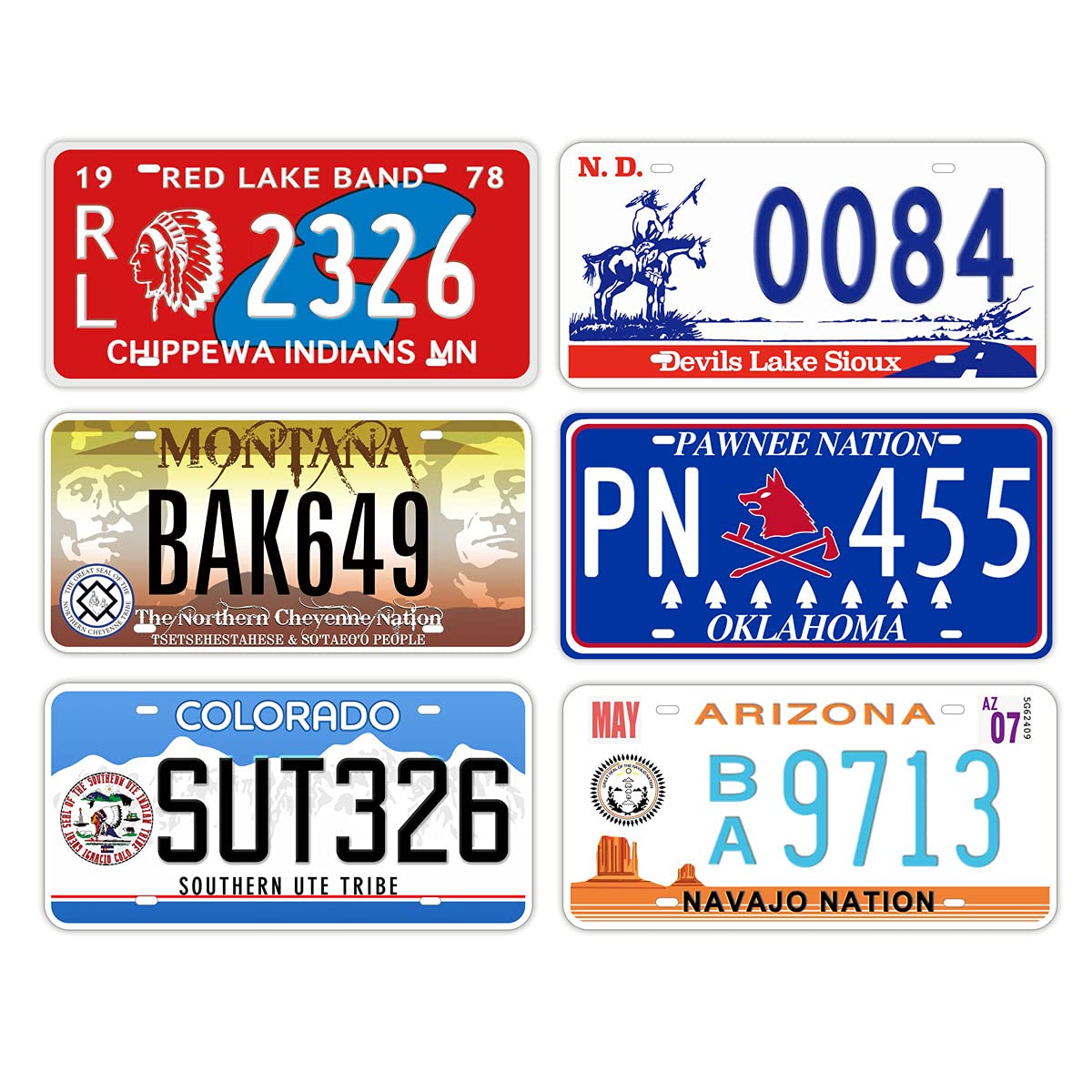 Authentic Native American Tribes Replica License Plates - 12x6 Inch Embossed Metal Car Registration Tags (6-Piece Combo) - Perfect for Car Shows, Theatrical Props, and Western-Themed Decor