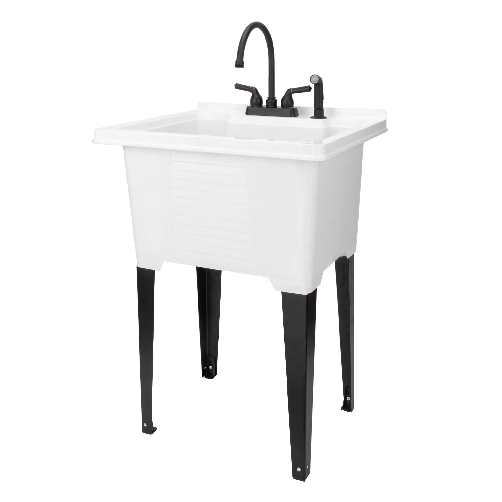 White Utility Sink with Matte Black Gooseneck Faucet & Side Sprayer - Heavy Duty Laundry Tub for Basement, Garage & Workshop by JS Jackson Supplies