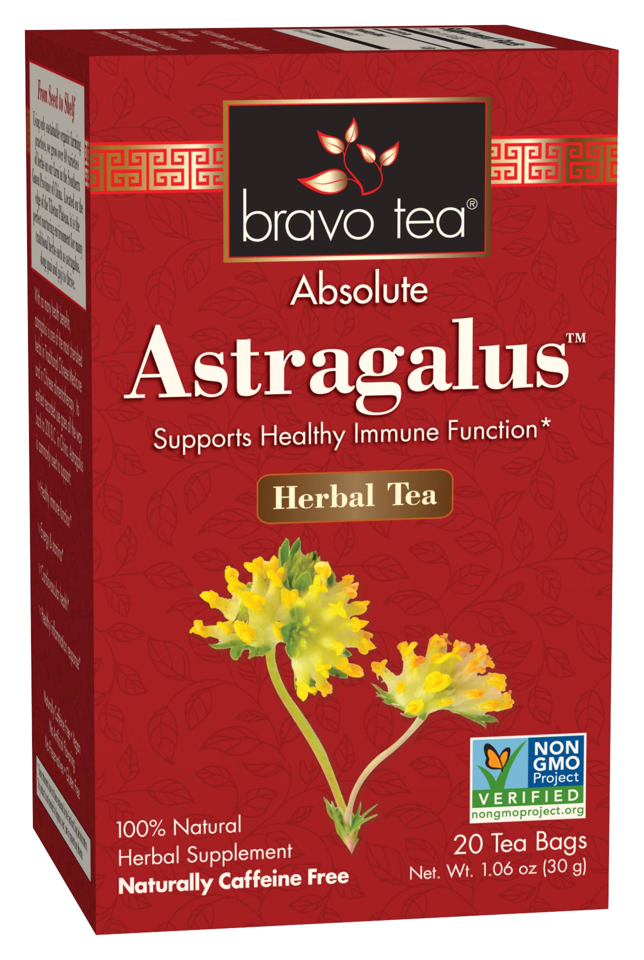 Bravo Tea Astragalus Herbal Tea - Caffeine Free, 20 Tea Bags - Immune Support & Relaxation for Daily Wellness