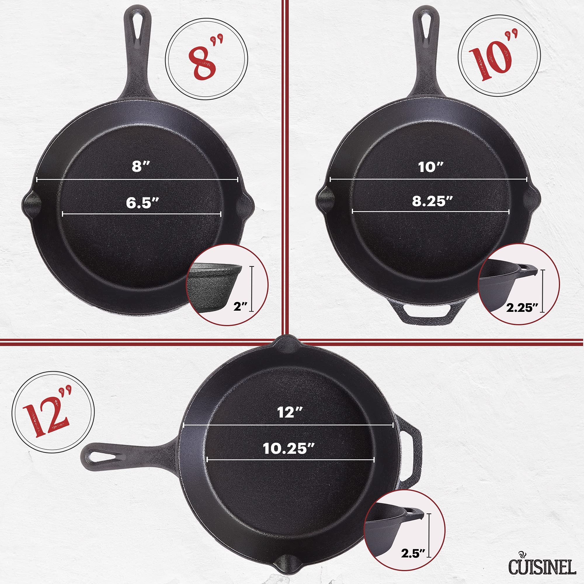 Premium Cuisinel Cast Iron Skillet Set with Glass Lids - 8