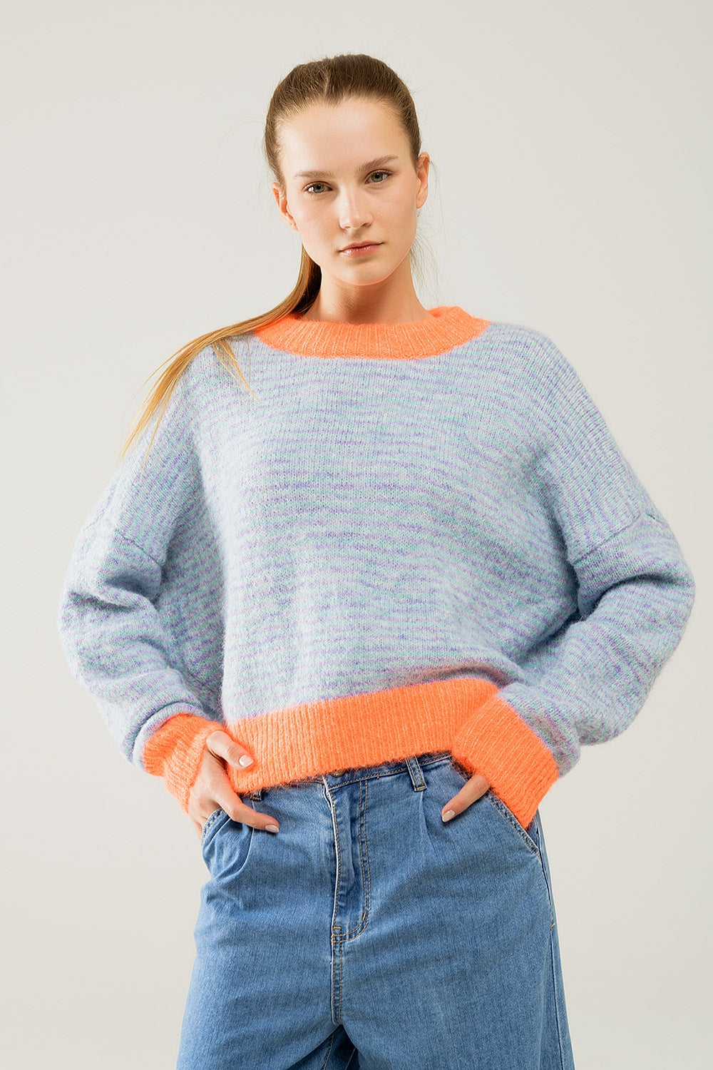 Oversized Light Blue/Orange Knit Pullover Sweater - Cozy Casual Wear for Fall & Winter | Perfect for Layering and Everyday Outfits