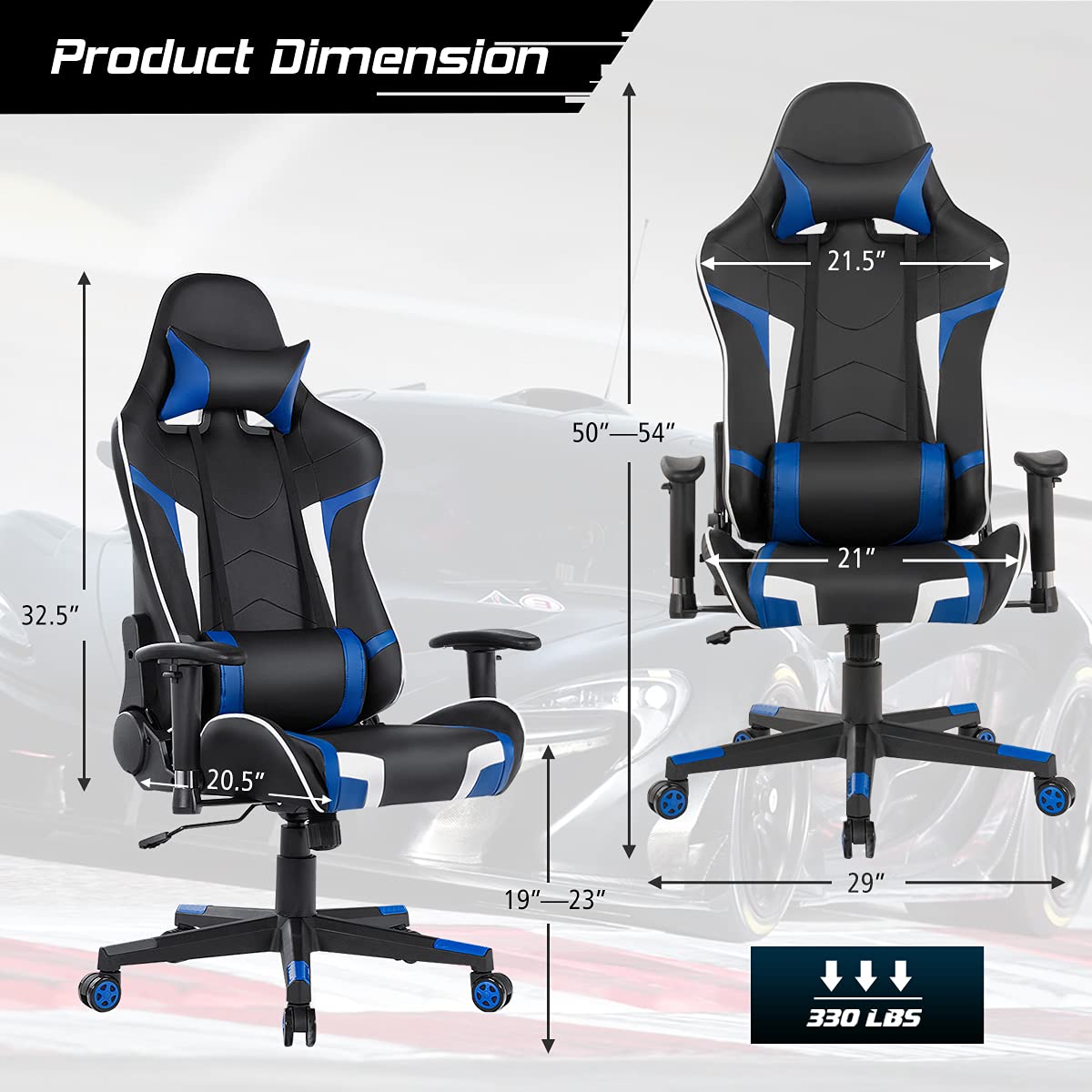 GYMAX Ergonomic Gaming Chair with Massage, Adjustable Headrest & Lumbar Support - Blue Reclining Computer Chair for Office & Home Gaming Setup - Perfect for Esports, Streaming, and Long Work Sessions