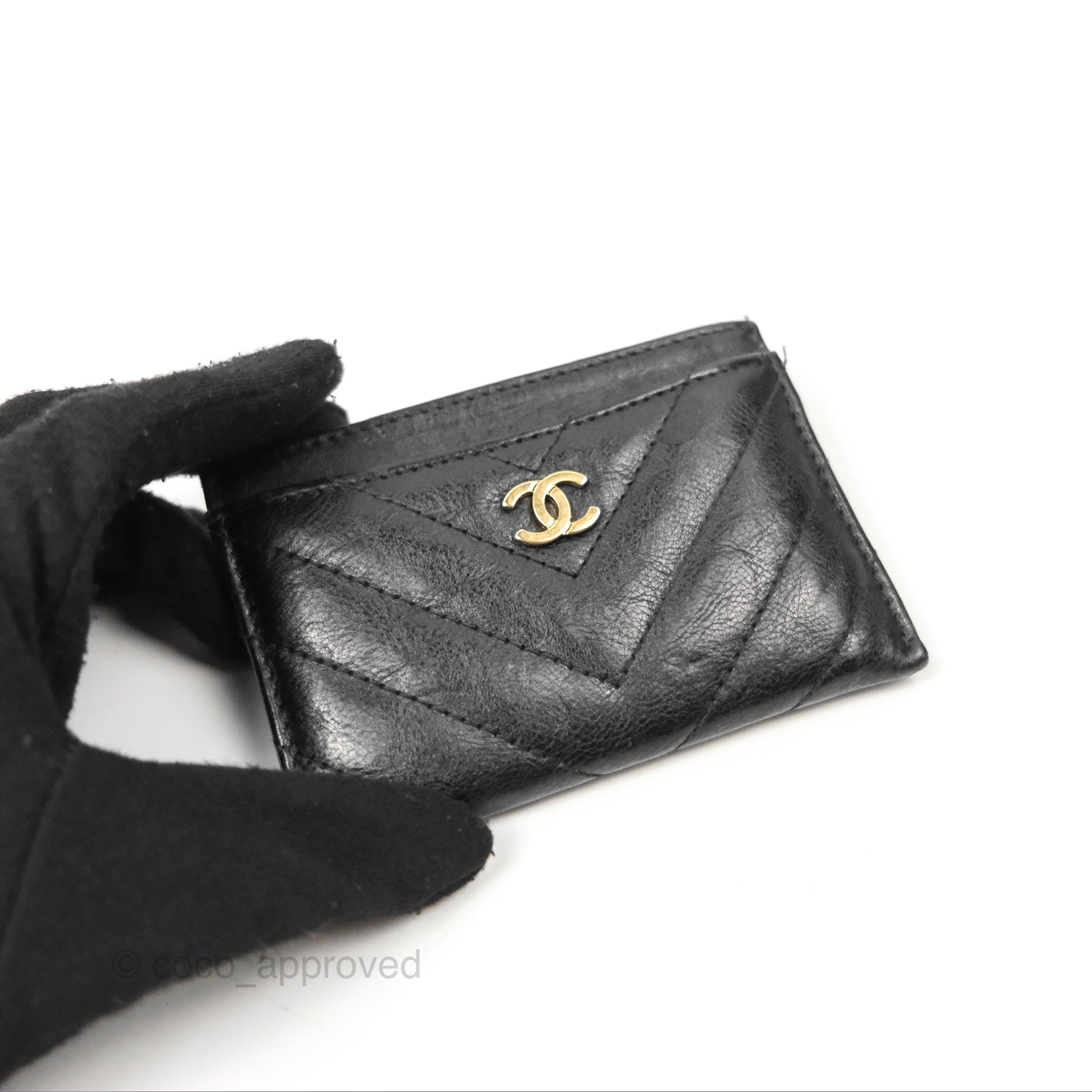 Chanel Classic Flat Card Holder Chevron Black Calfskin Gold Hardware - Luxury Wallet for Women | Perfect for Everyday Use, Travel & Gift Giving