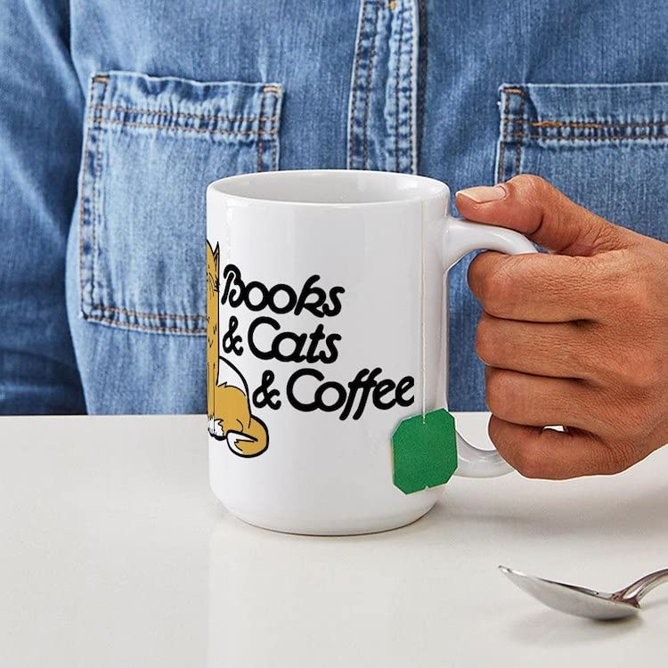 Books & Cats & Coffee Large 15 oz (444 ml) Ceramic Mug - Perfect for Reading, Pet Lovers & Coffee Enthusiasts