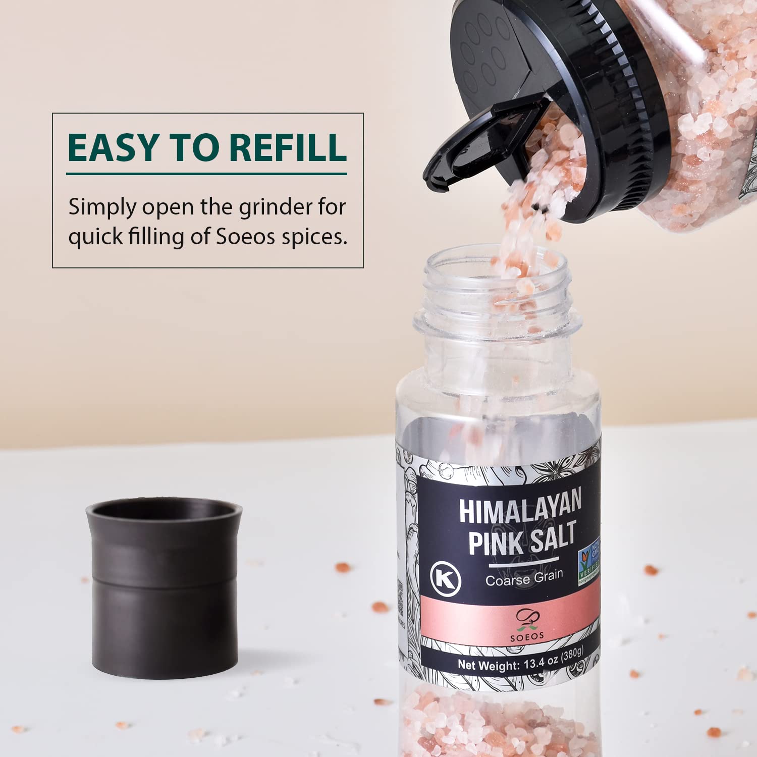 Premium Soeos Whole Black Peppercorns & Himalayan Pink Salt Combo - 6.7oz (190g) & 13.4oz (380g) - Refillable Grinder Bottle Set - Perfect for Cooking, Seasoning & Gourmet Meals - Ideal for Kitchen, Restaurant & Home Use