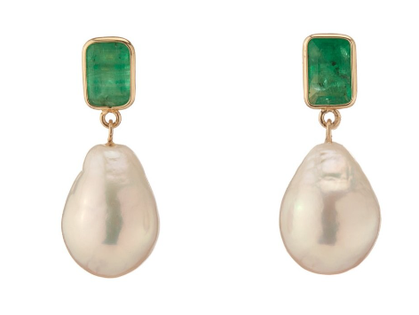 18K Gold Emerald Bezel Earrings with Genuine Pearls - Elegant Dangle Earrings for Women, Perfect for Weddings, Parties & Special Occasions