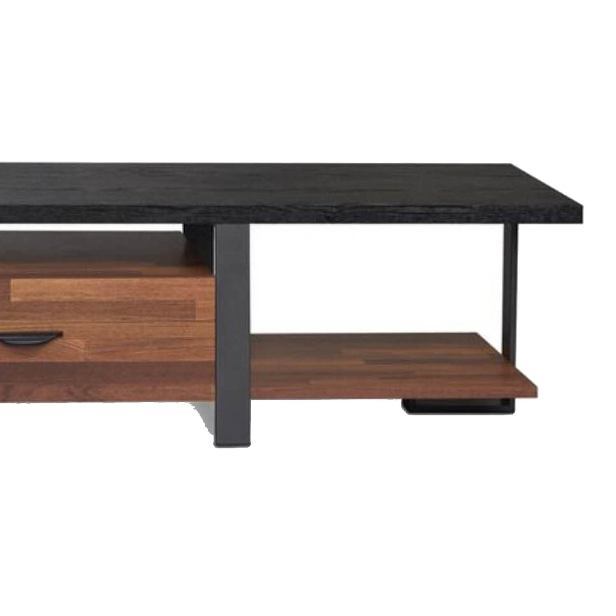 Benjara Modern TV Stand with Metal Frame & Wooden Top - 2 Drawers & Open Shelf - Black & Brown - Perfect for Living Room, Bedroom & Home Theater Setup