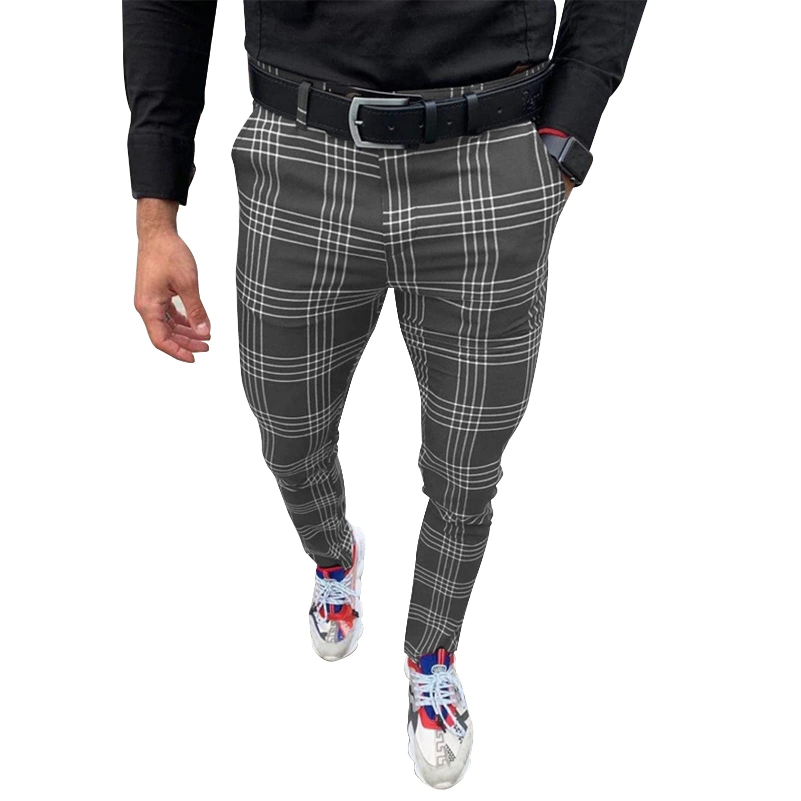 Stylish Men's Slim Fit Stretch Dress Pants - Plaid Business Casual & Golf Trousers for Office, Work & Outdoor Activities