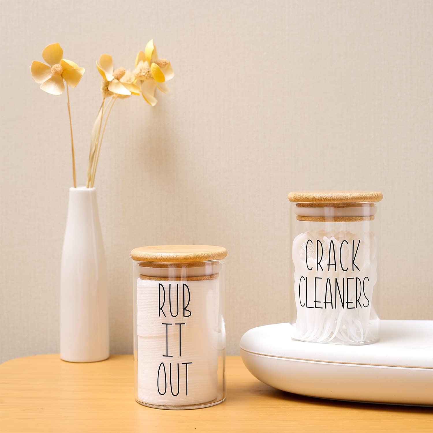 MOMEEMO Glass Apothecary Jars with Airtight Lids - Perfect for Bathroom Organization, Cotton Ball Holder, Floss Pick Storage & Home Decor - Great for Vanity Countertop, Spa Day Essentials & Gift Ideas (Includes Cotton Pads & Dental Floss)