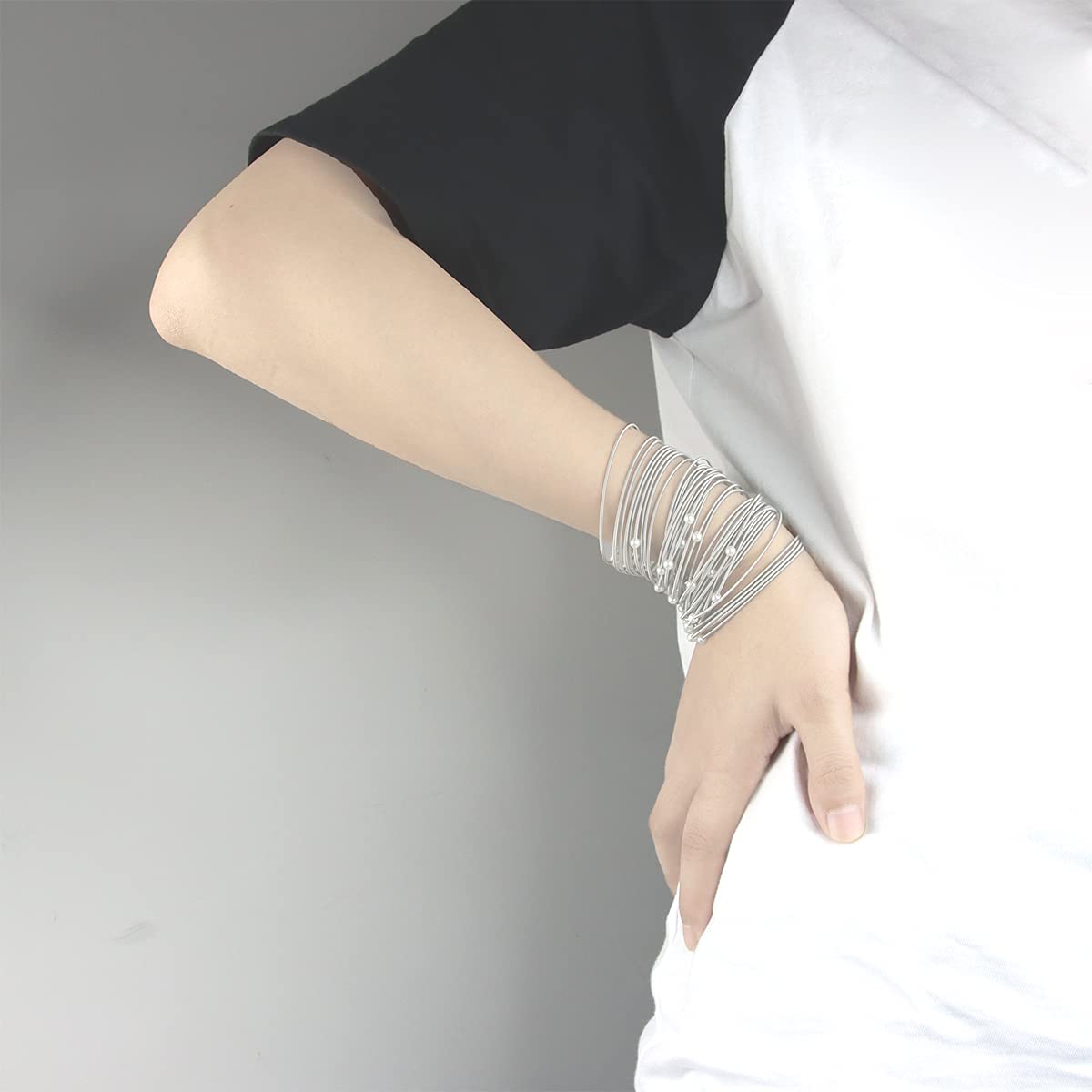 40 Pack Stainless Steel Guitar String Coil Bracelets - 4mm White Pearl Layered Stackable Bangles for Women, Flexible Adjustable Wristbands for Music Lovers, Boho Fashion Jewelry Gift for Concerts & Festivals