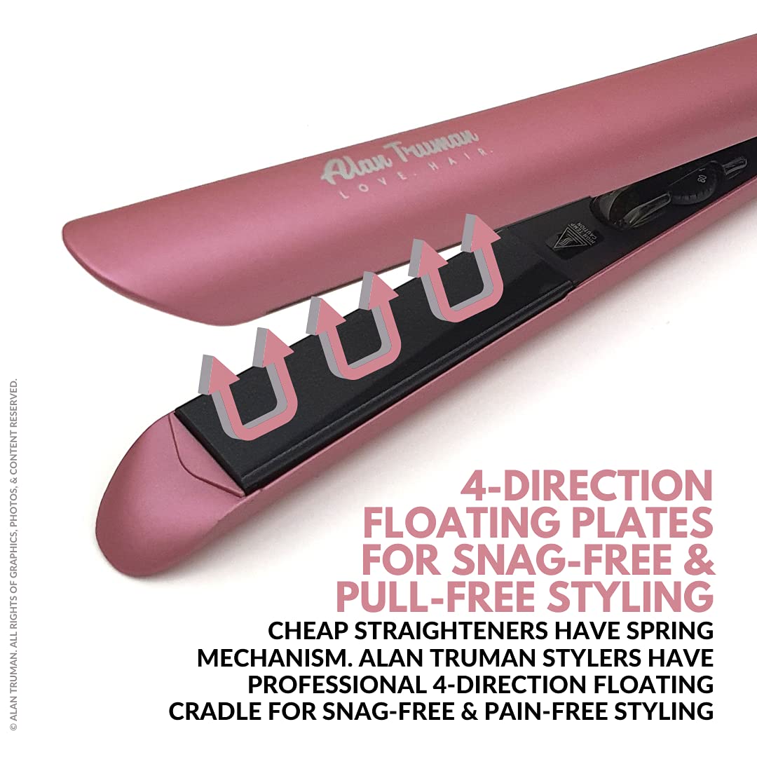 Alan Truman AT-104 Soft Pink Tourmaline Ceramic Hair Straightener - 1 Inch Flat Iron for Smooth & Shiny Hair - 450°F Adjustable Temperature - Perfect for Home Use, Travel & Salon Styling - Metallic Pink (500g)