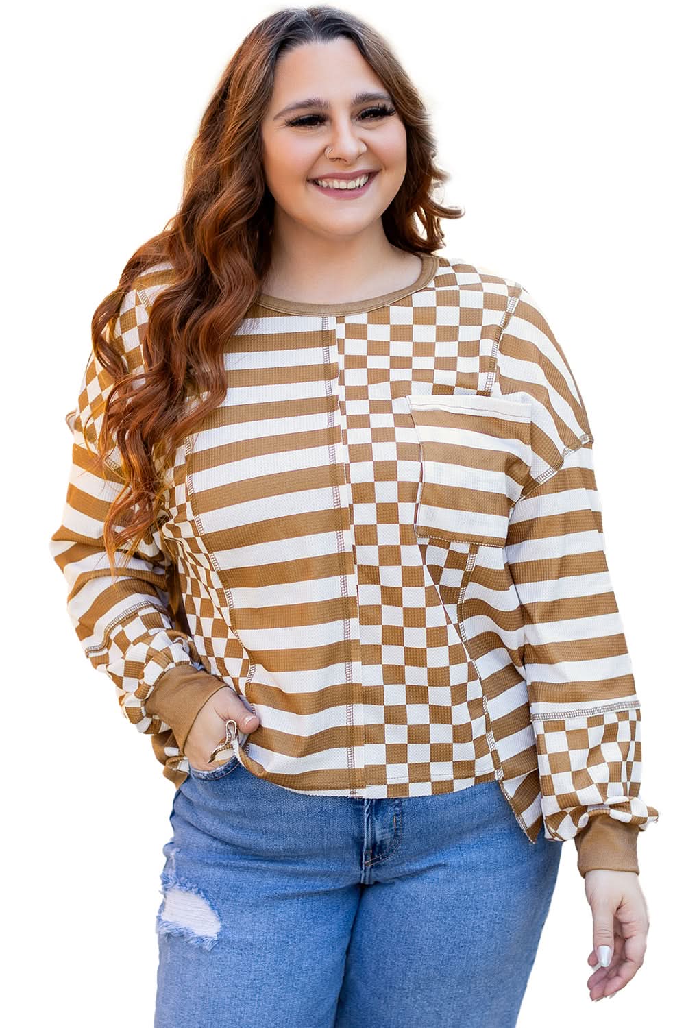 Stylish Plus Size Khaki Mixed Print Blouse for Women - Trendy Casual & Office Wear