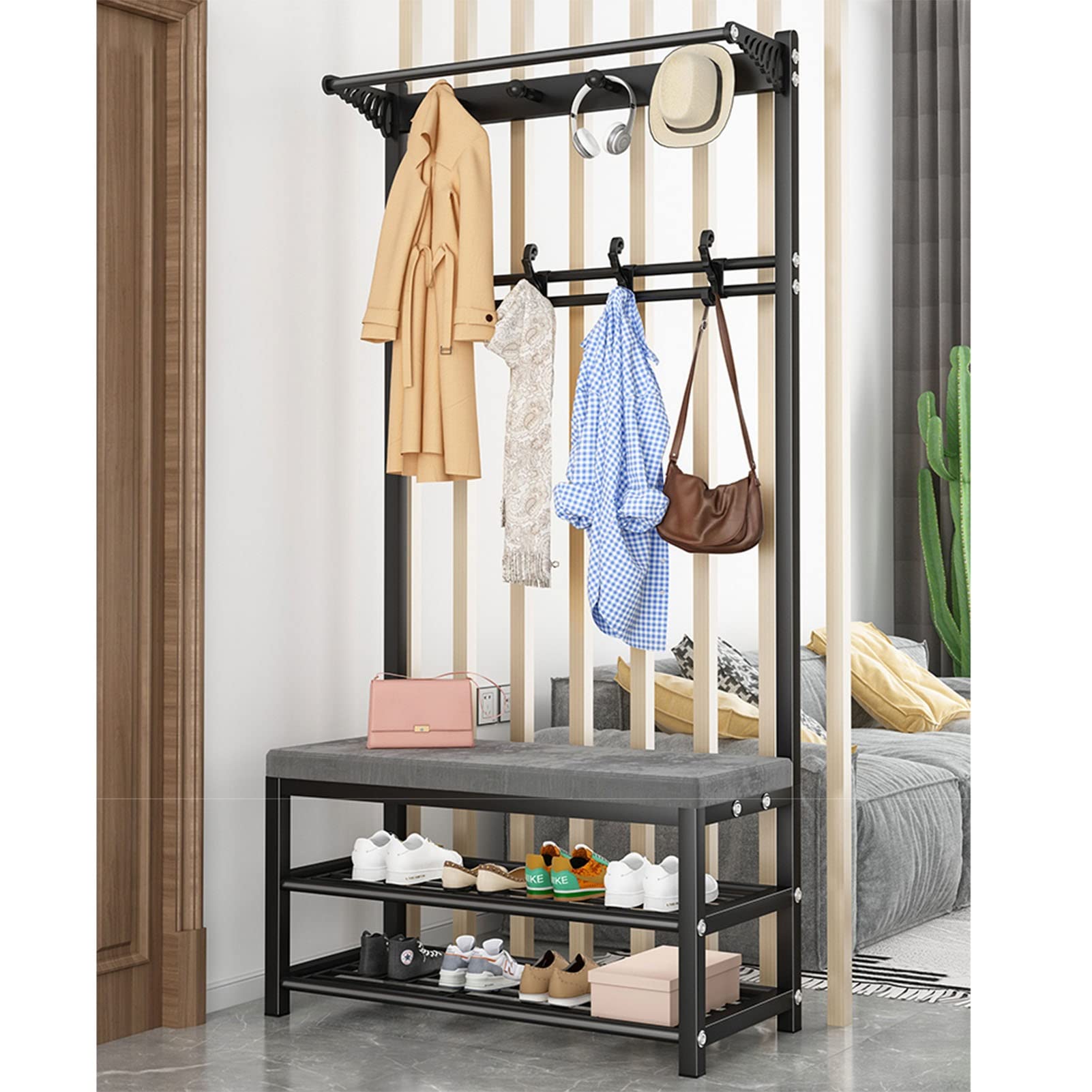3-in-1 Entryway Hall Tree with Shoe Rack & Umbrella Holder - Carbon Steel Frame Bench with Top Shelf (Black, 60CM) - Perfect for Small Spaces, Apartments & Organized Entryways