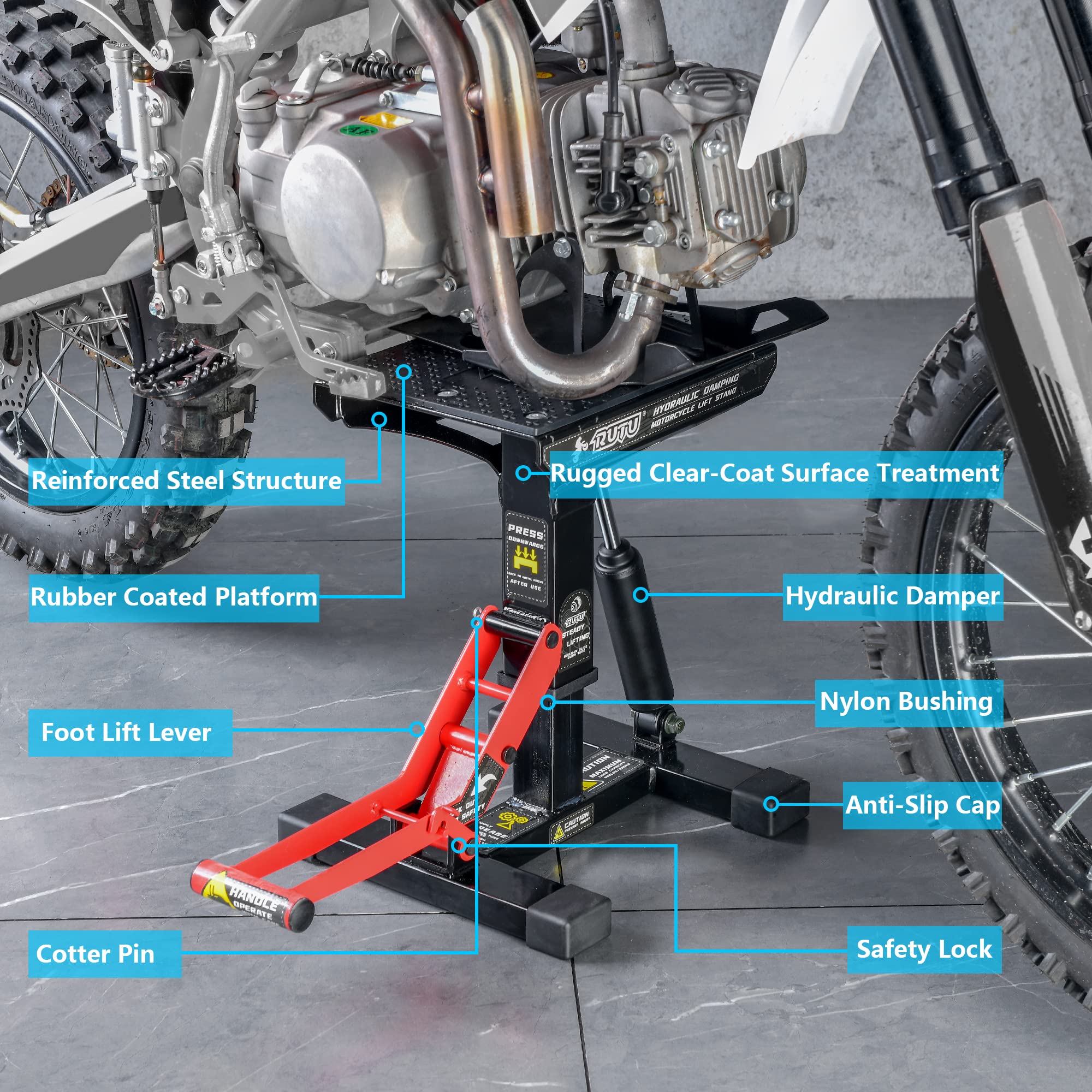 RUTU 9.64 Inch Heavy Duty Hydraulic Dirt Bike Lift Stand - 1000Lbs Capacity Steel Motorcycle Repair Stand for Pit Bikes, ATVs & Dirt Bikes | Ideal for Garage Maintenance, Tire Changes & Bike Storage