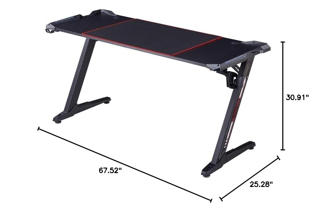 Almly Modern Black Metal Gaming Desk with Built-in Outlets & USB Ports - Ergonomic Computer Desk for Home Office & Gaming Setup