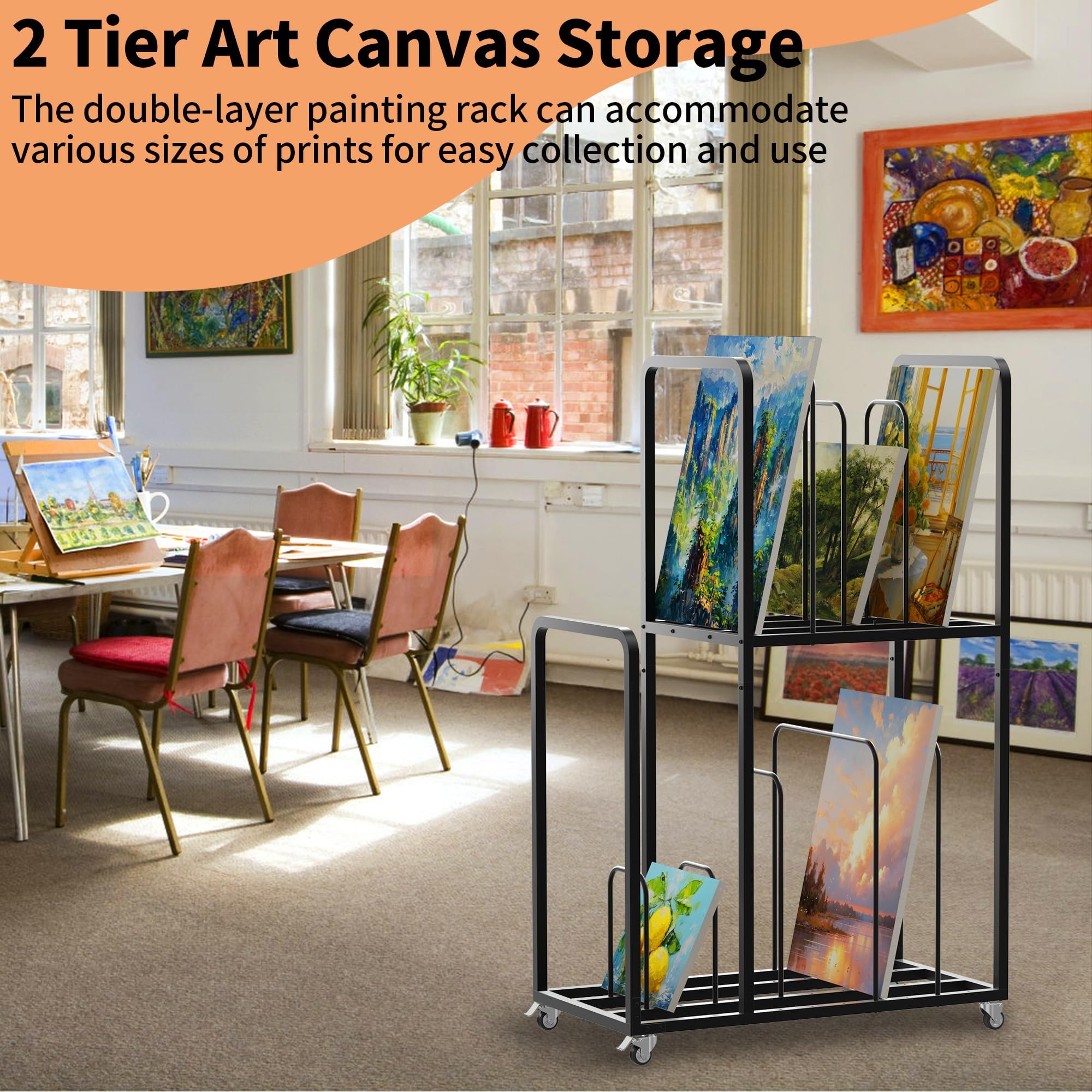 Lukar 2-Tier Metal Art Storage Rack with Wheels & Handle - Heavy Duty Canvas Drying Rack for Artists - Perfect for Studios, Galleries & Art Classrooms - Organize Paintings, Prints & Panels Easily